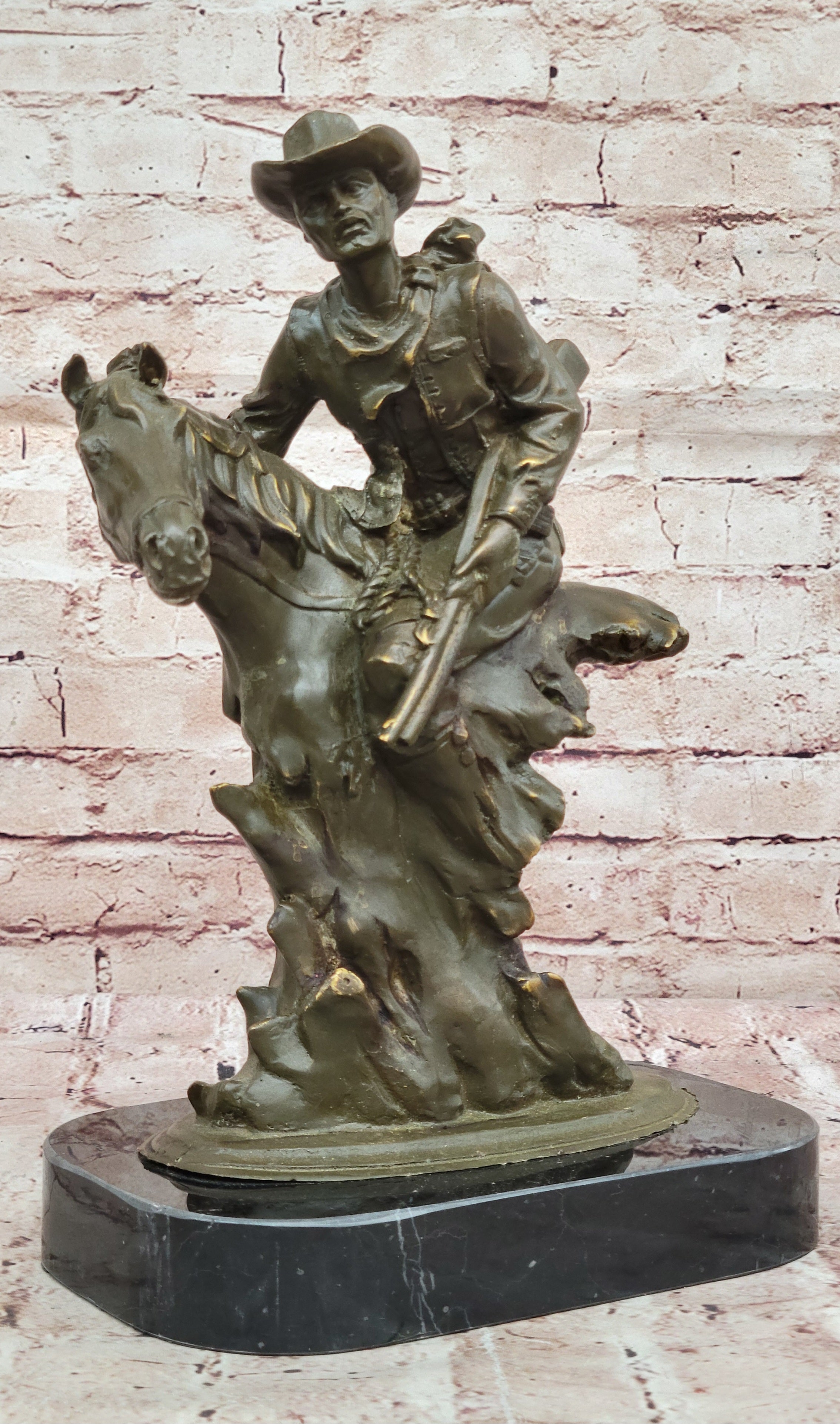 Bronze Cowboy Riding Horse with Gun Statue Sculpture Classic Western Decor Figurine