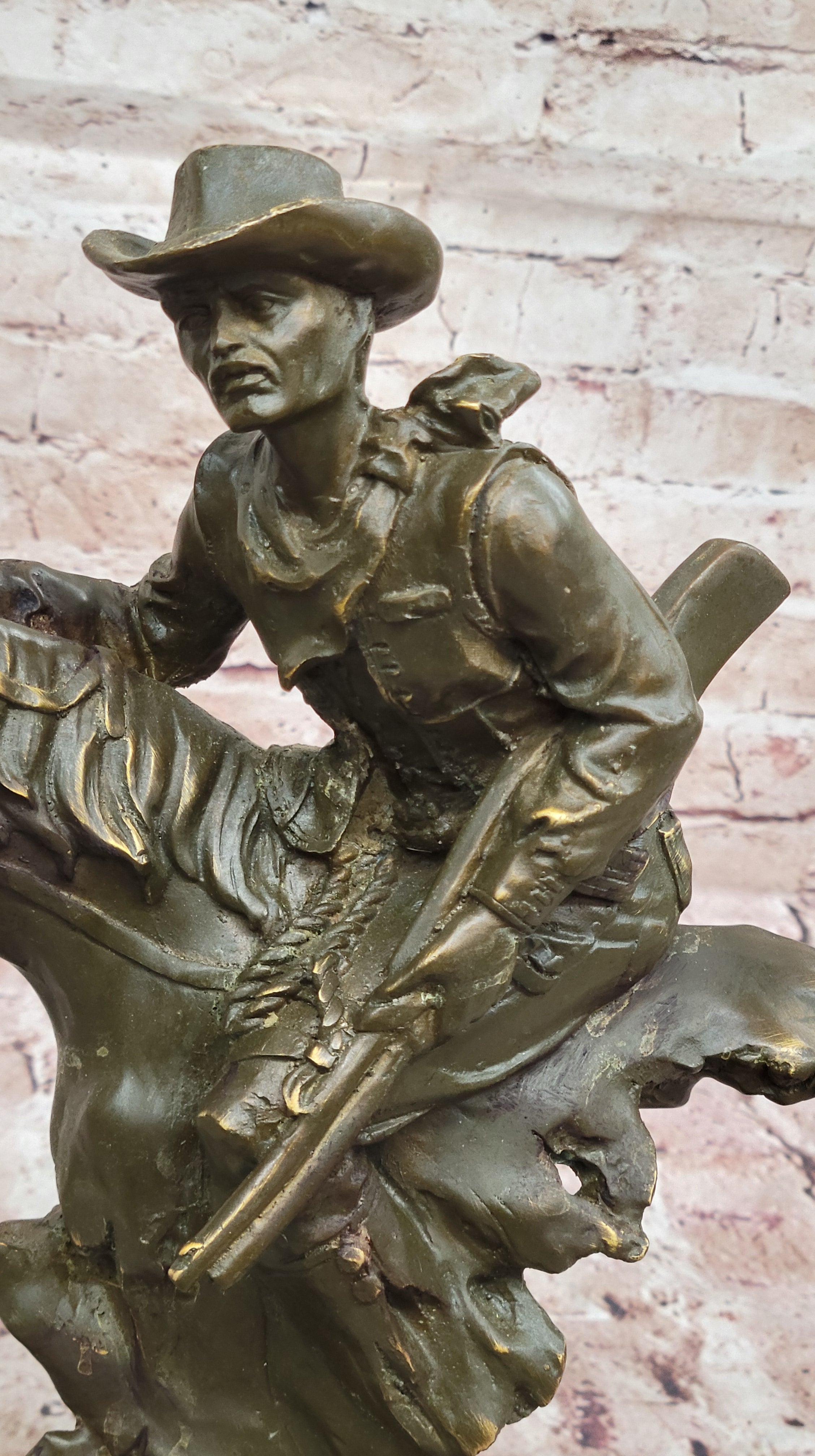 Bronze Cowboy Riding Horse with Gun Statue Sculpture Classic Western Decor Figurine