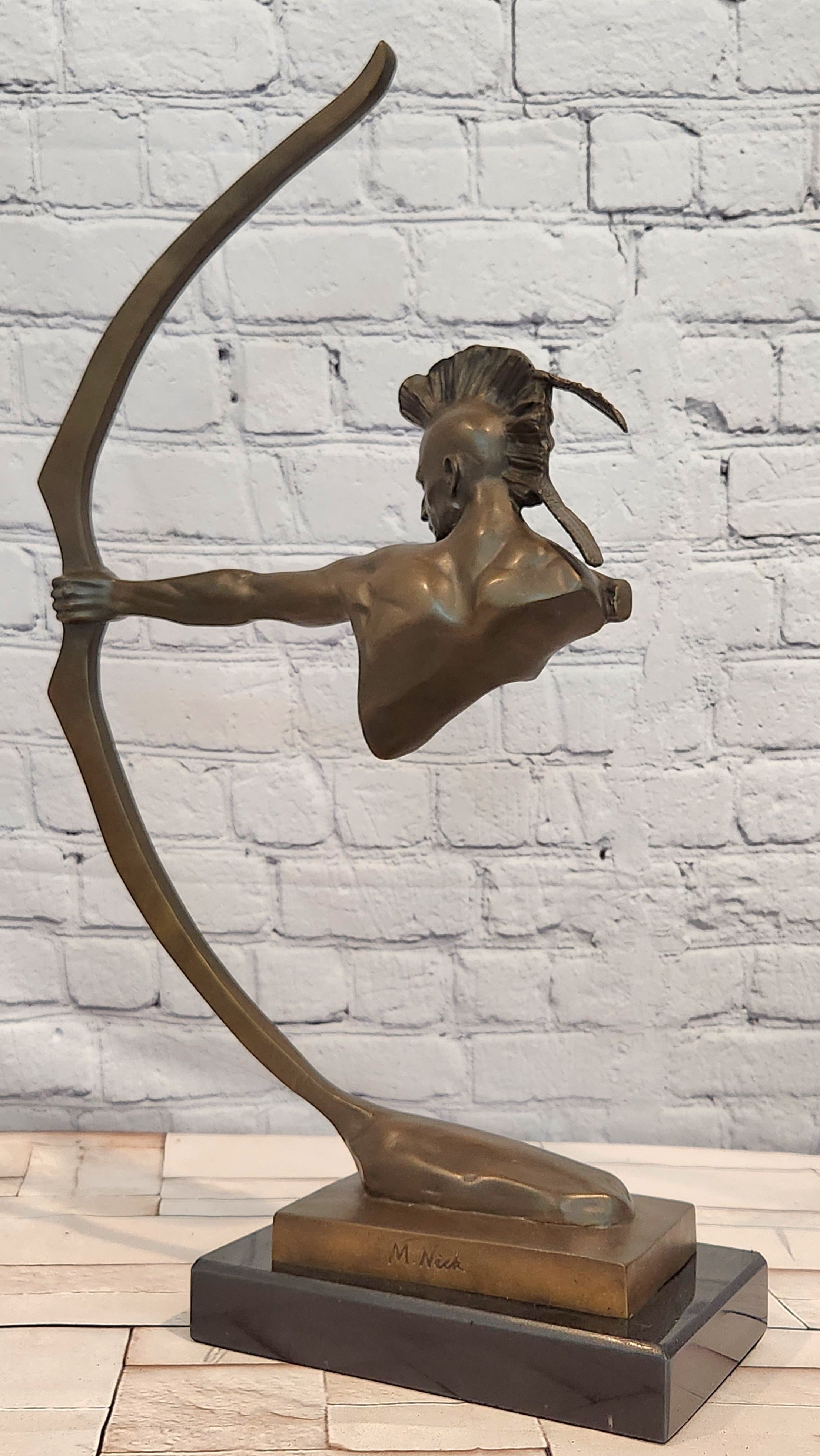 Bronze Archer Sculpture Native American Warrior Signed Mario Nick Collectible