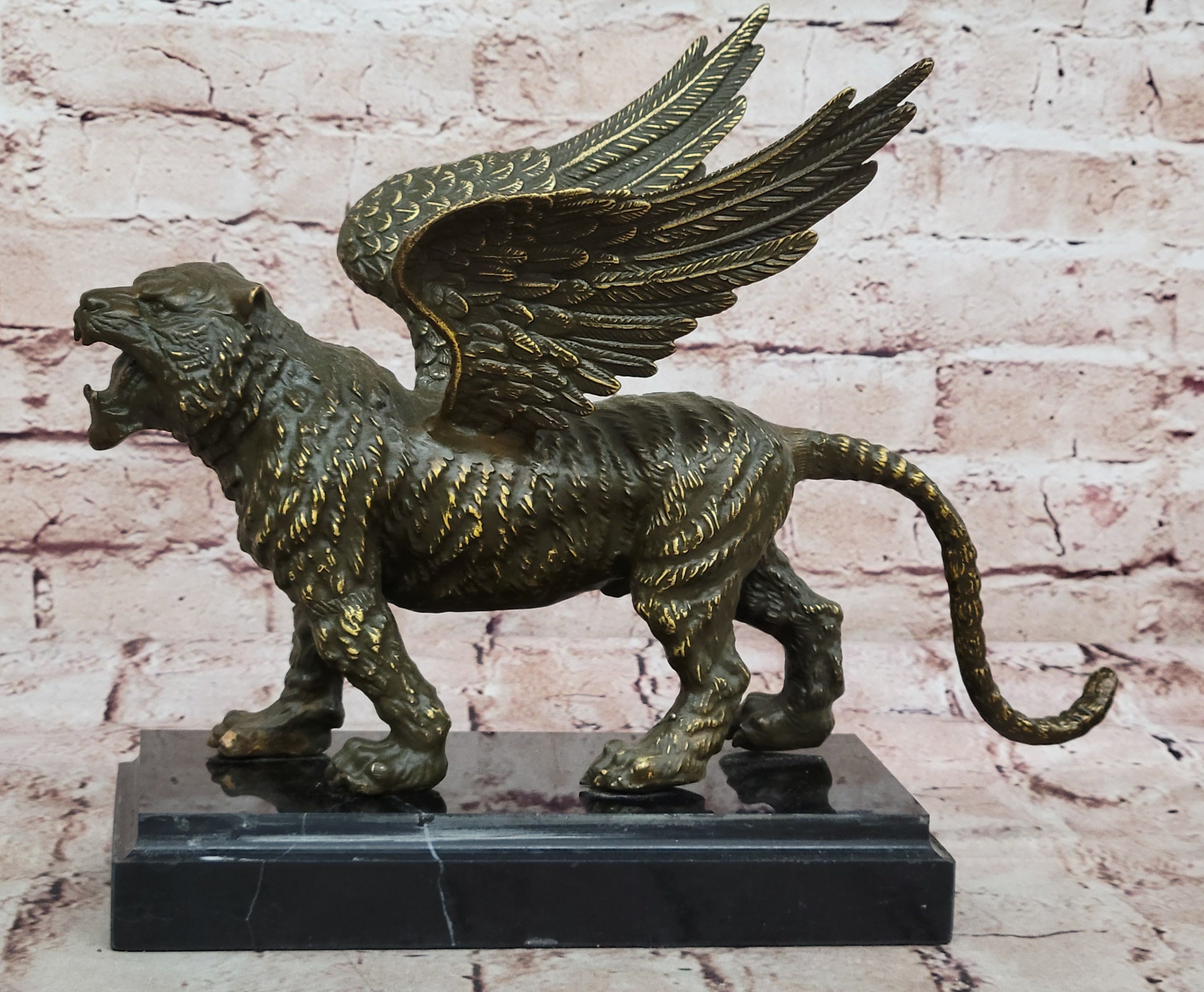 Signed Patoue Bronze Flying Tiger Statue Sculpture Winged Creature Fengshui Animal Figurine