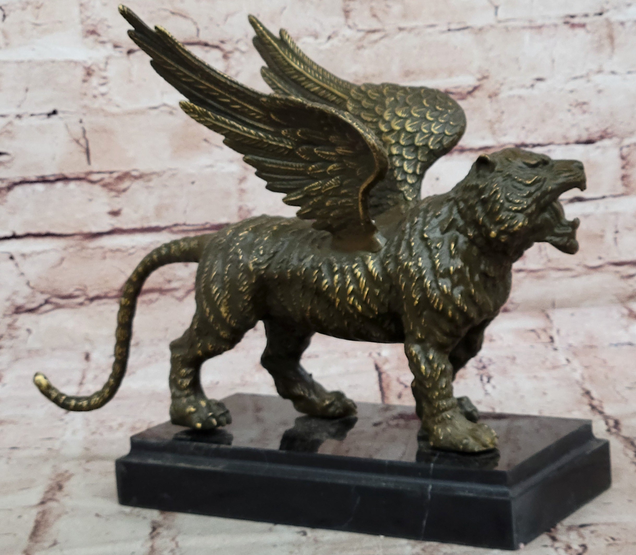 Signed Patoue Bronze Flying Tiger Statue Sculpture Winged Creature Fengshui Animal Figurine