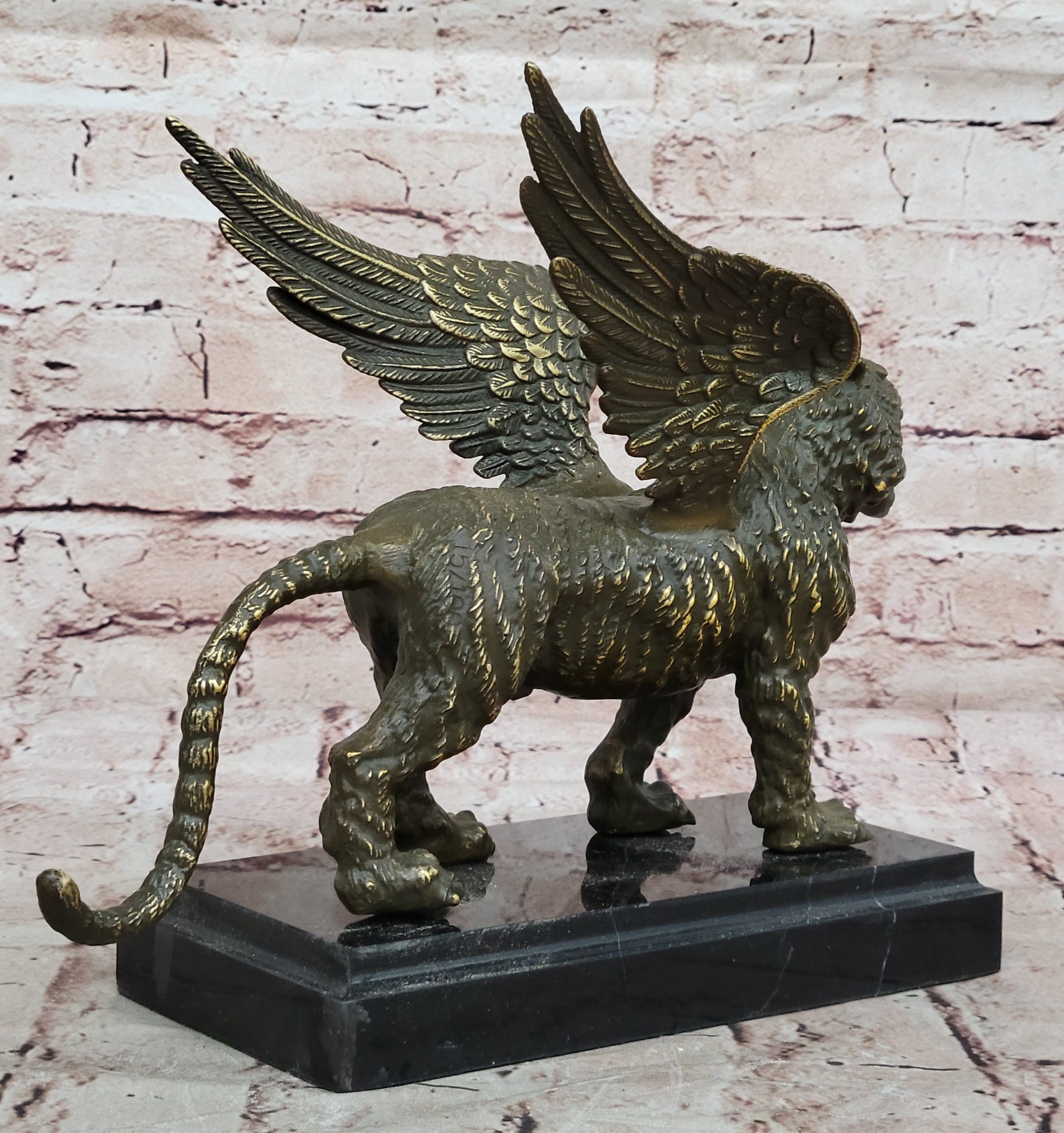 Signed Patoue Bronze Flying Tiger Statue Sculpture Winged Creature Fengshui Animal Figurine