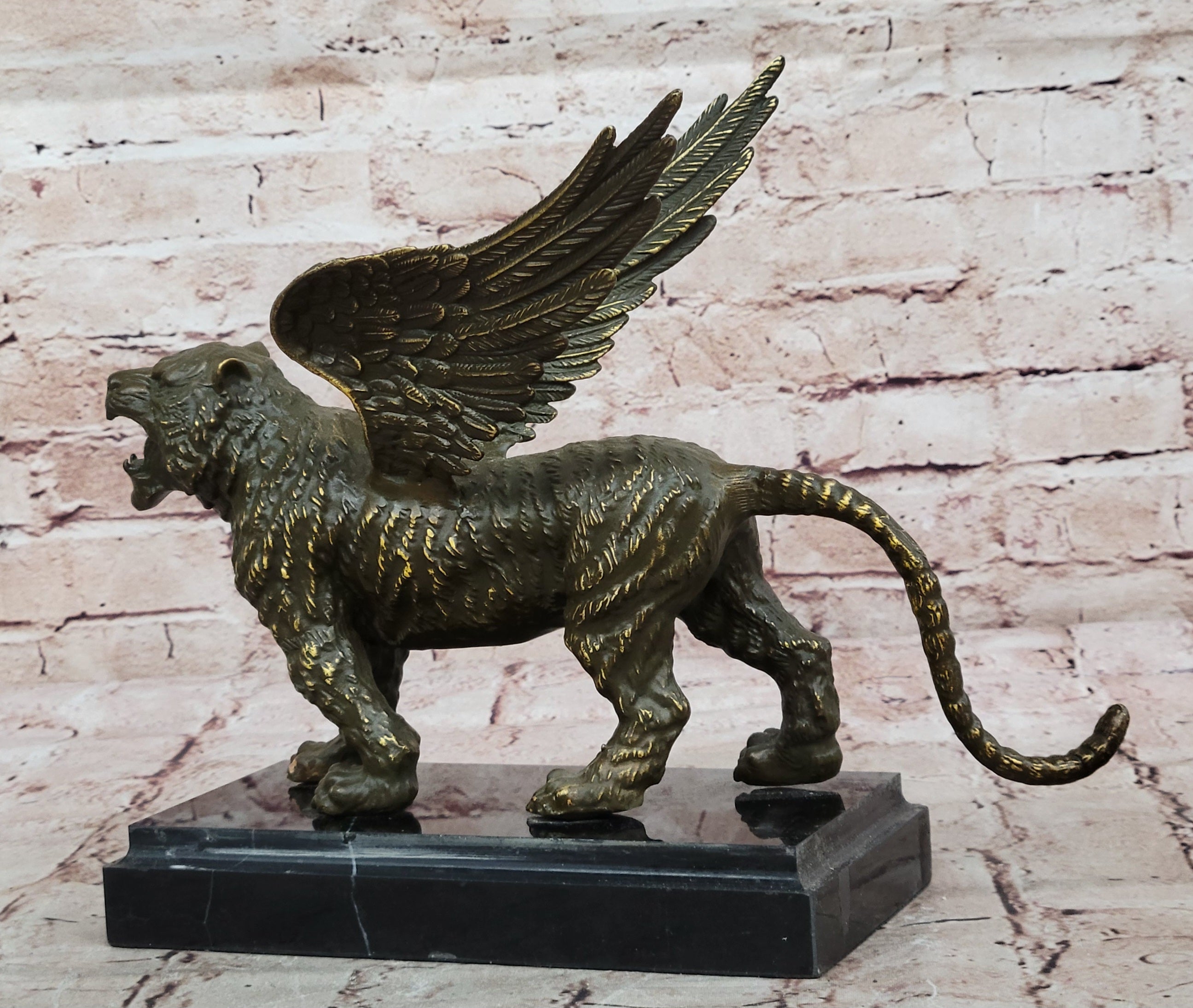 Signed Patoue Bronze Flying Tiger Statue Sculpture Winged Creature Fengshui Animal Figurine