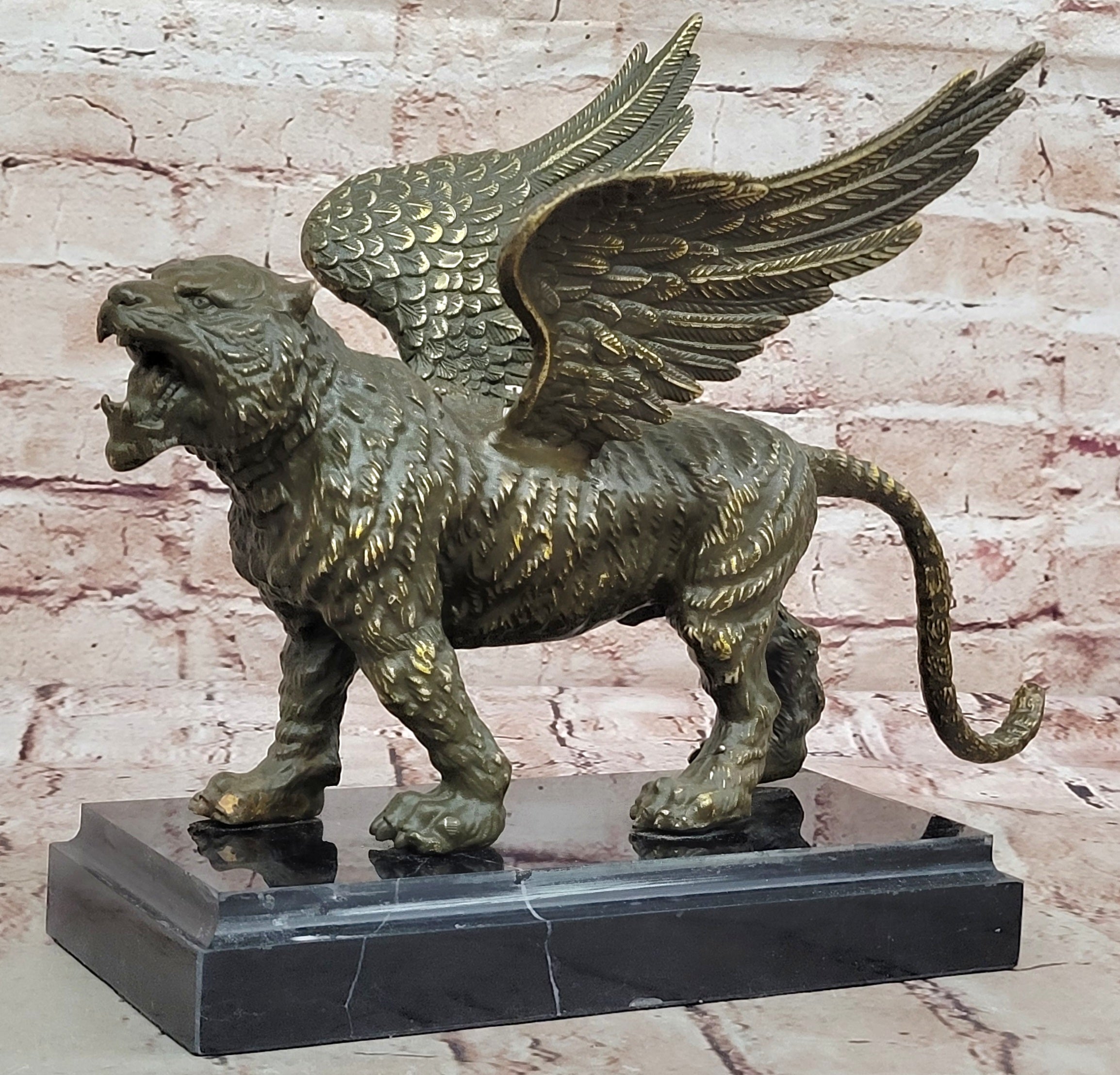 Signed Patoue Bronze Flying Tiger Statue Sculpture Winged Creature Fengshui Animal Figurine