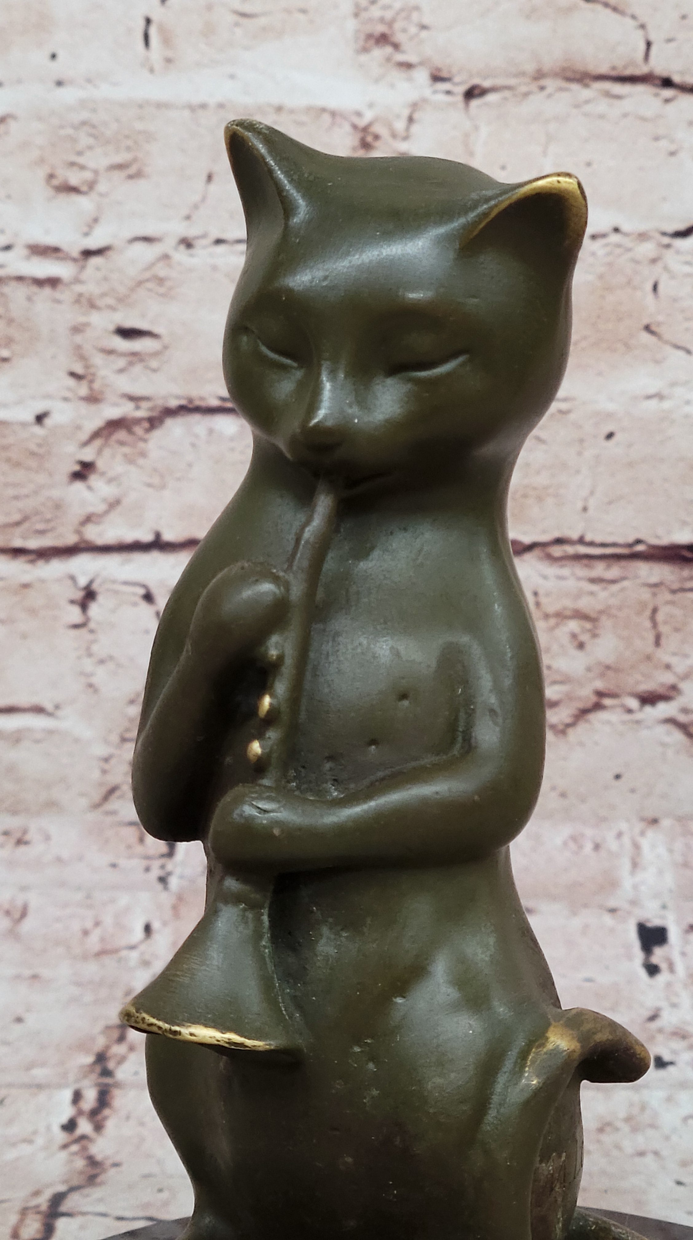 Cute Musical Cat Bronze Statue Sculpture Signed by Milo Office Art Collectible Figurine