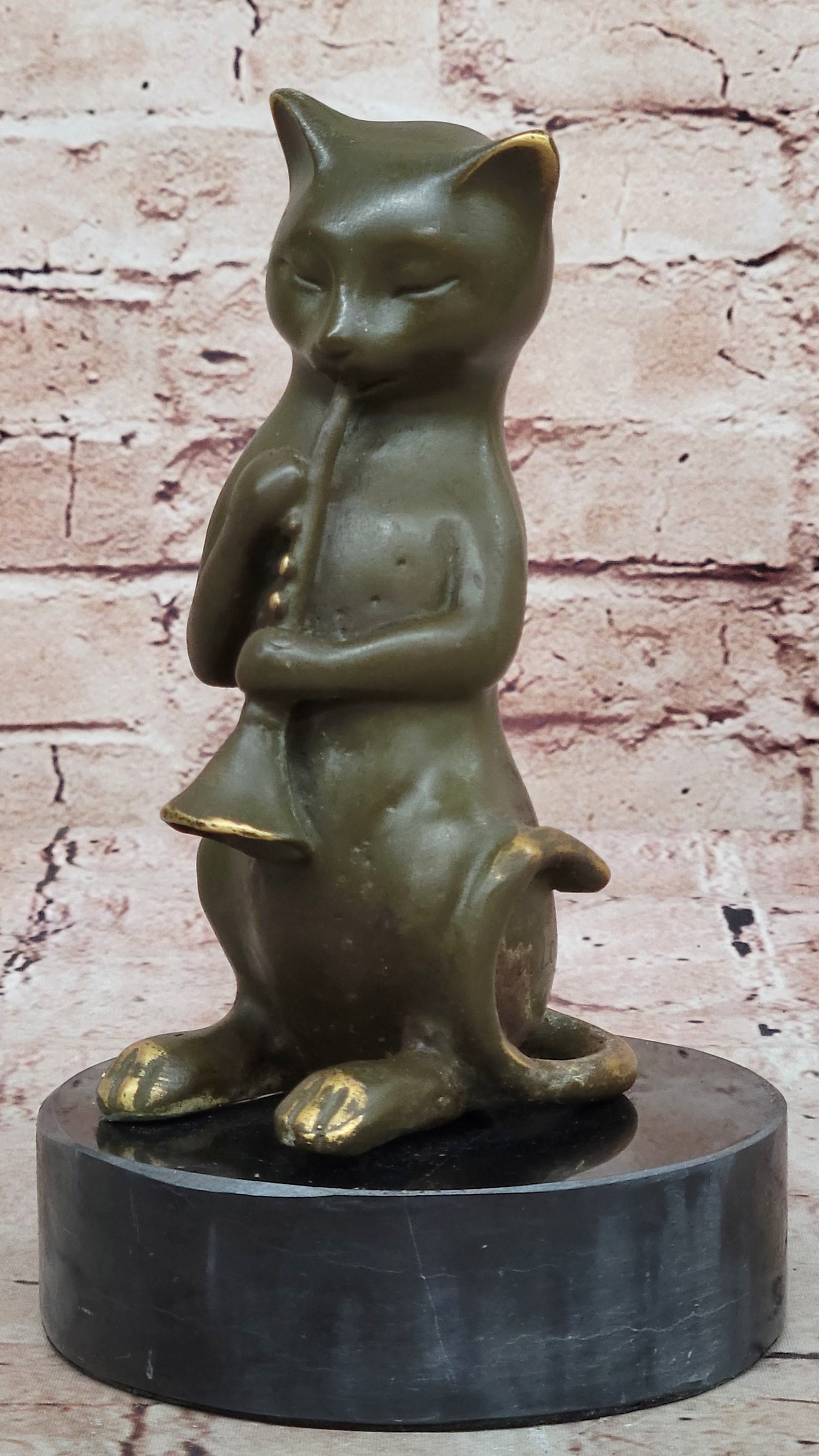 Cute Musical Cat Bronze Statue Sculpture Signed by Milo Office Art Collectible Figurine