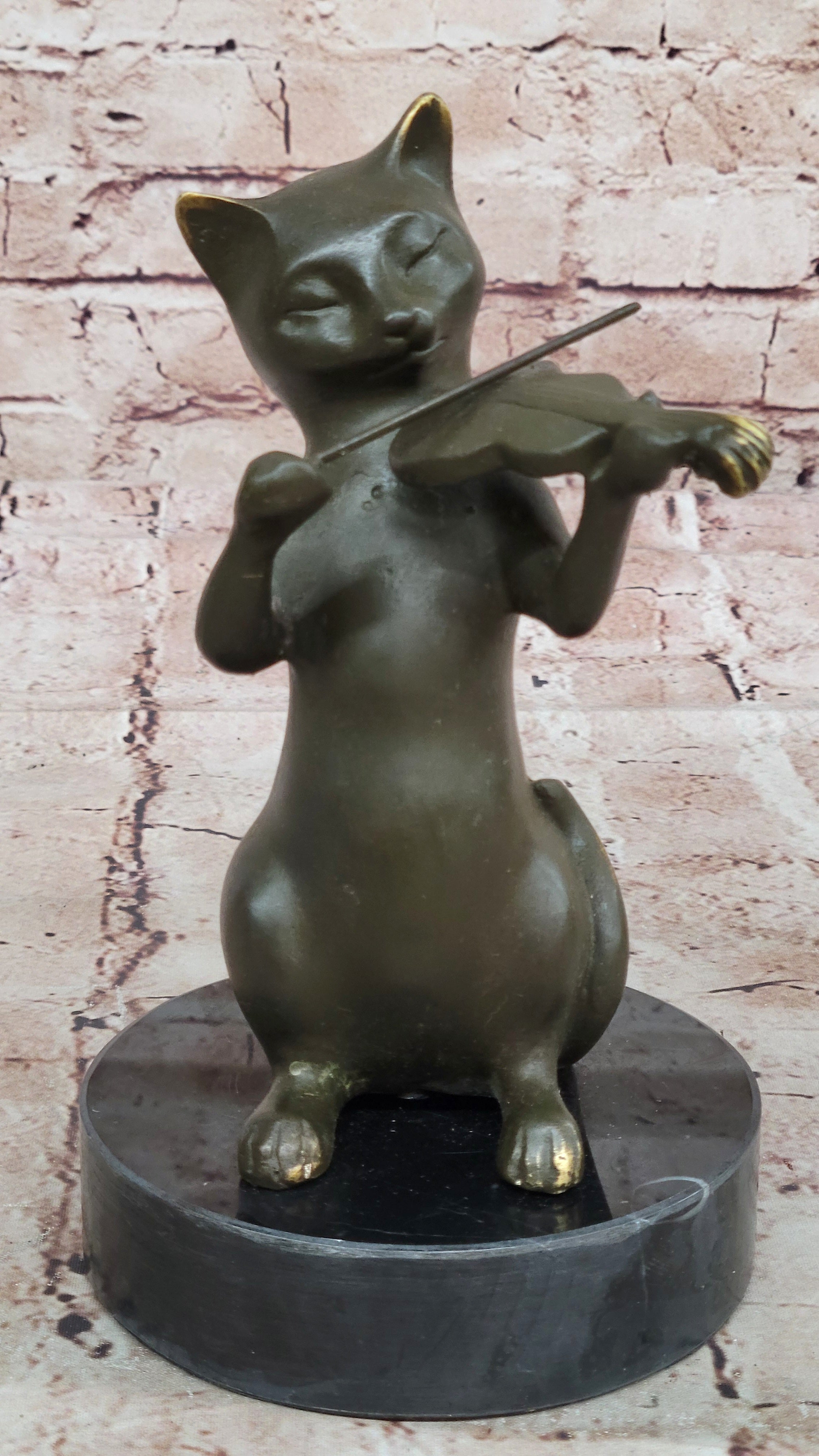 Musician Cat Playing Violin – Bronze Sculpture by Miguel Lopez Pet Art Decor