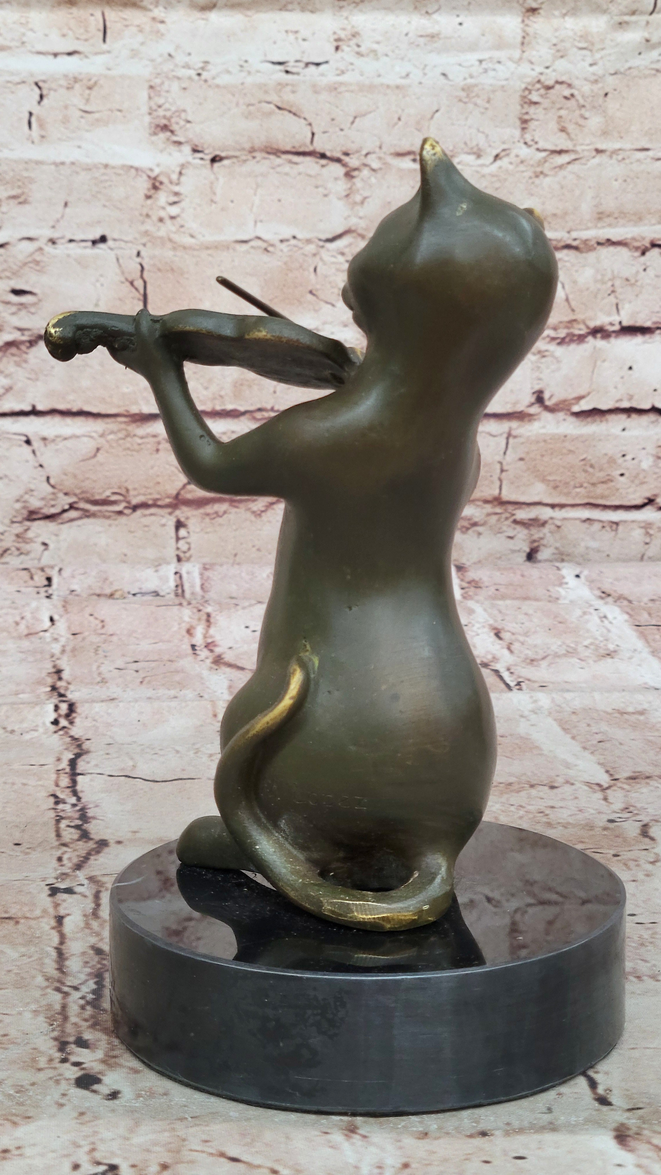 Musician Cat Playing Violin – Bronze Sculpture by Miguel Lopez Pet Art Decor
