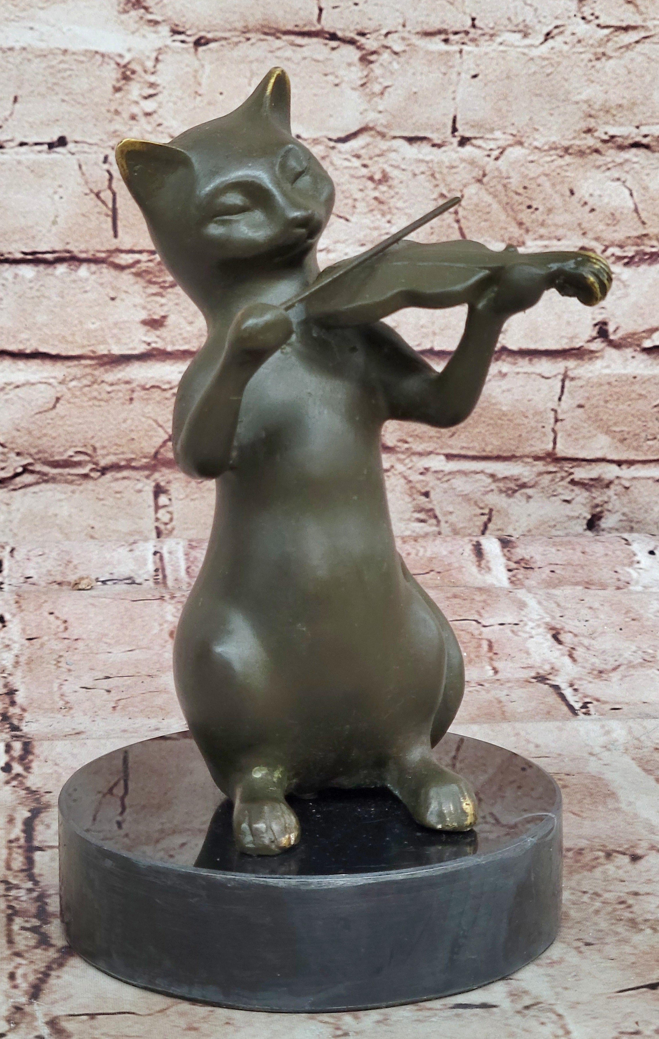 Musician Cat Playing Violin – Bronze Sculpture by Miguel Lopez Pet Art Decor