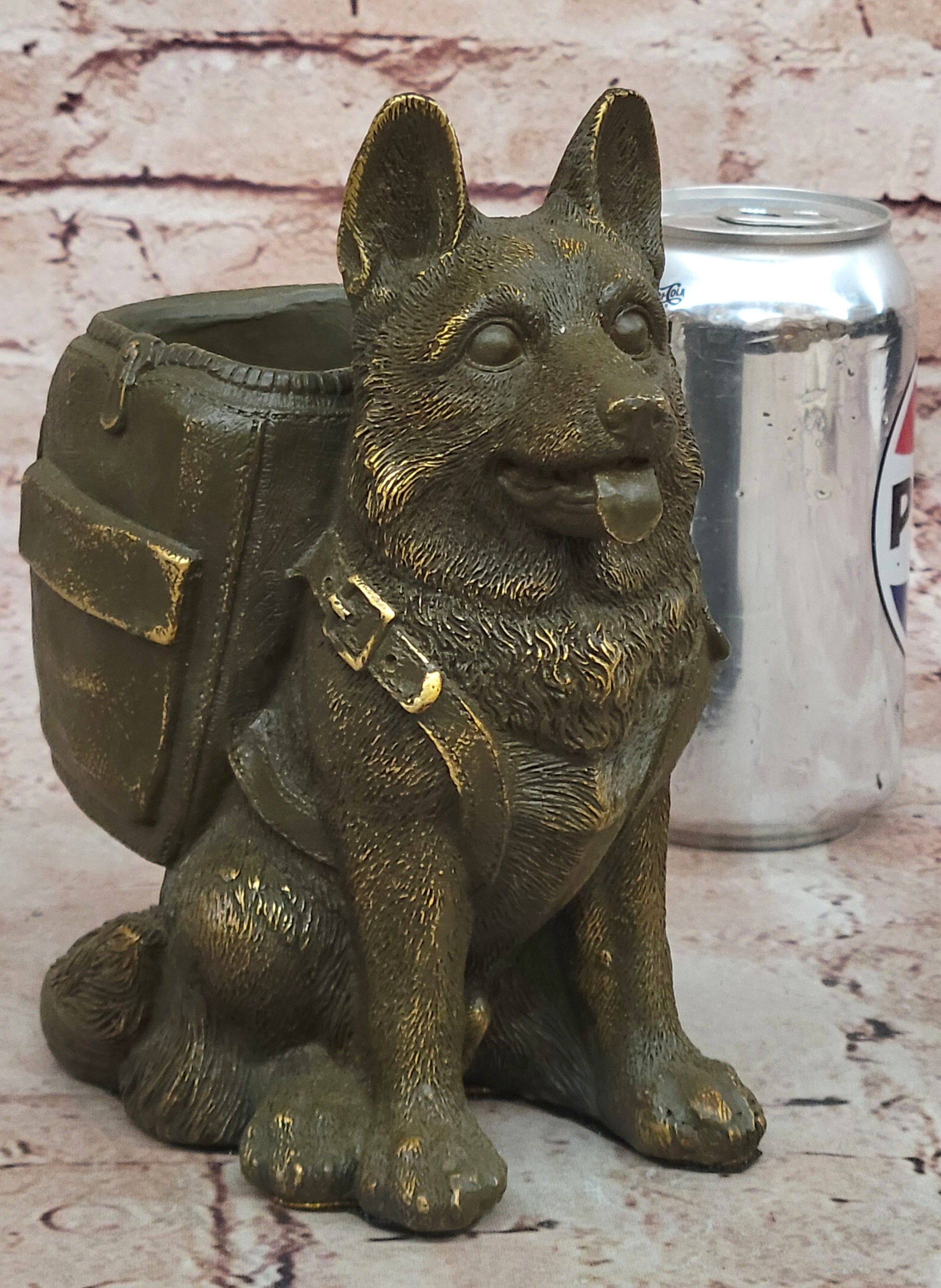 German Shepherd Bronze Figurine Pen Holder by M.Lopez Office or Bathroom Dog Decor