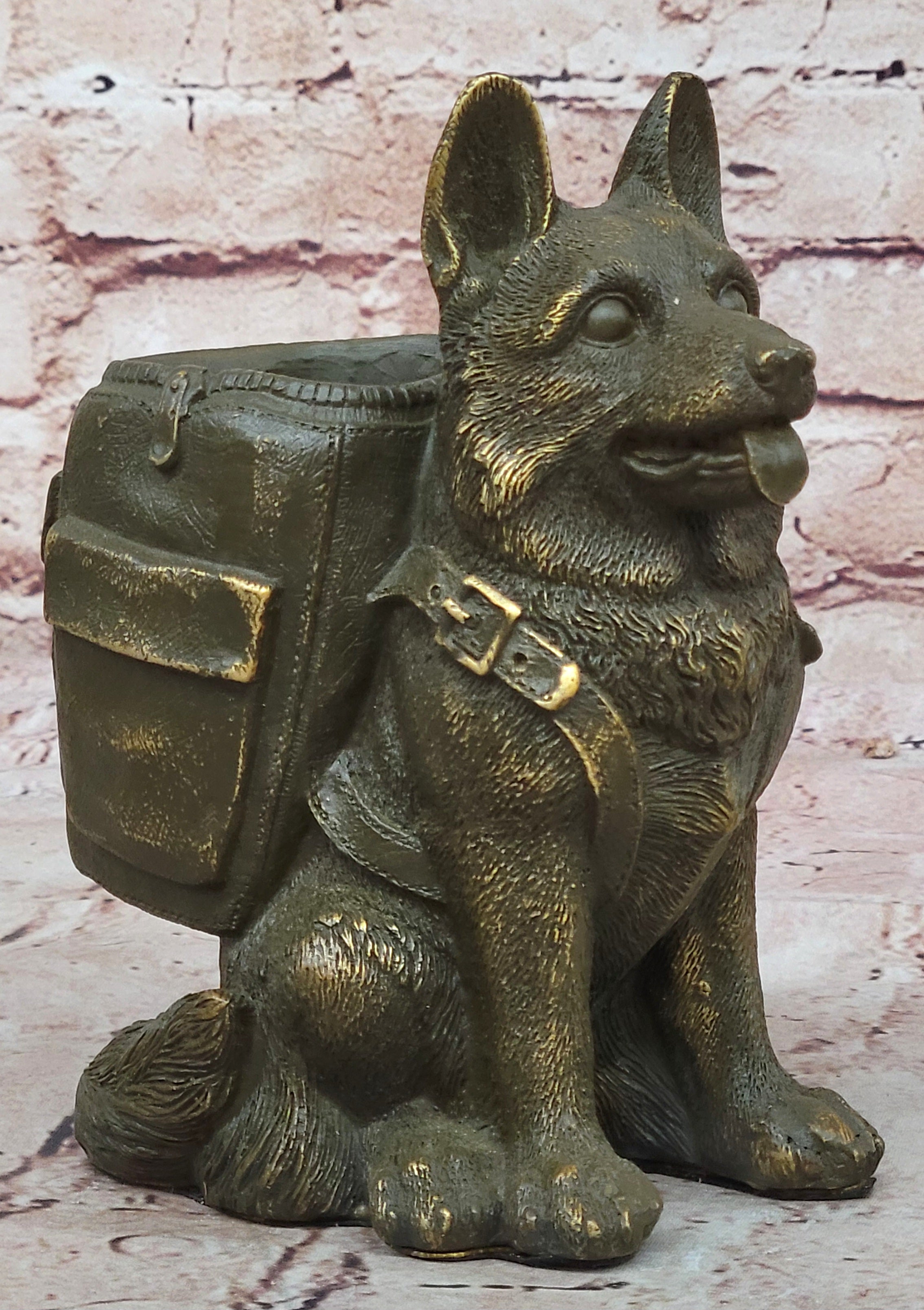 German Shepherd Bronze Figurine Pen Holder by M.Lopez Office or Bathroom Dog Decor