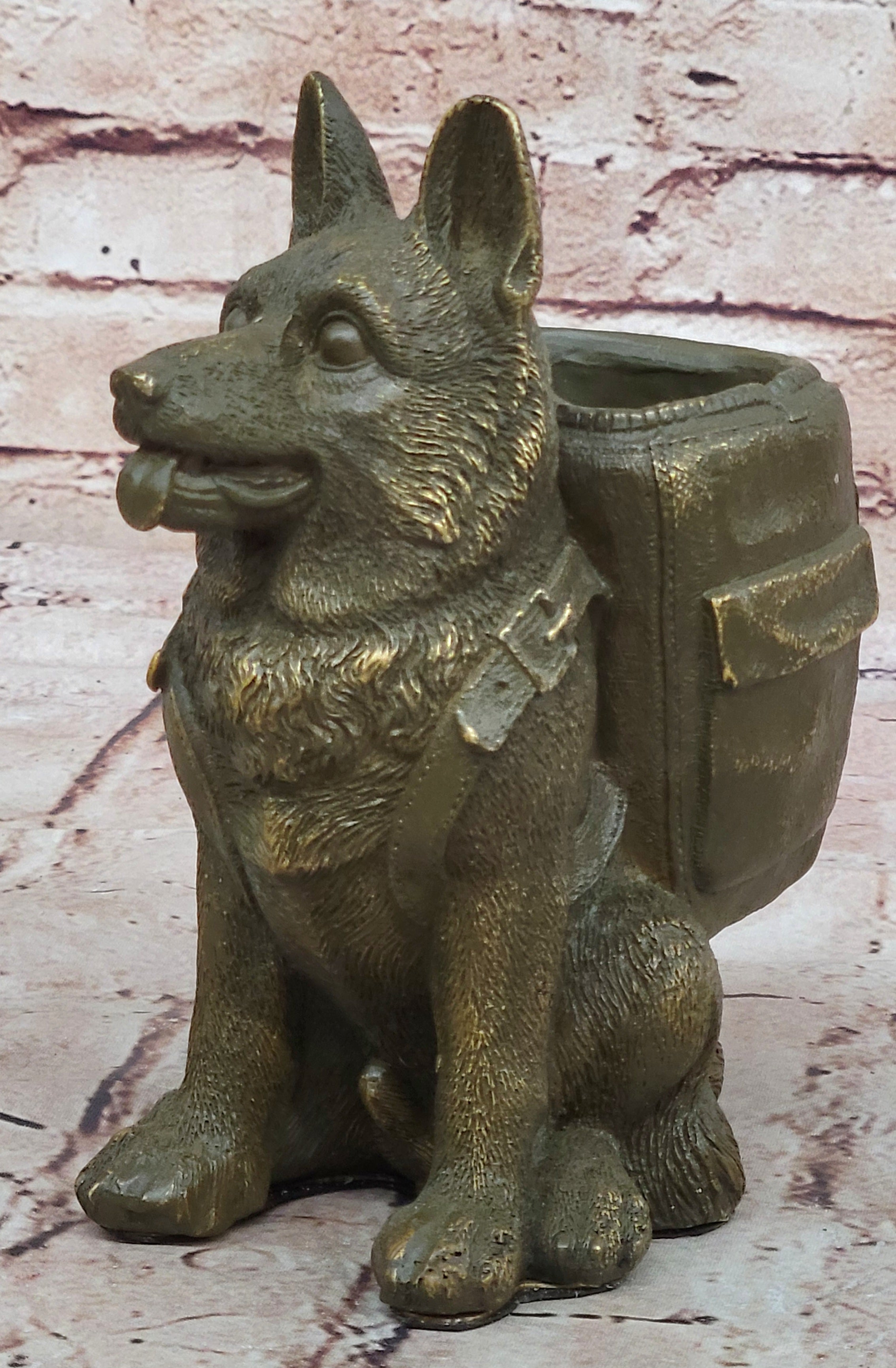 German Shepherd Bronze Figurine Pen Holder by M.Lopez Office or Bathroom Dog Decor