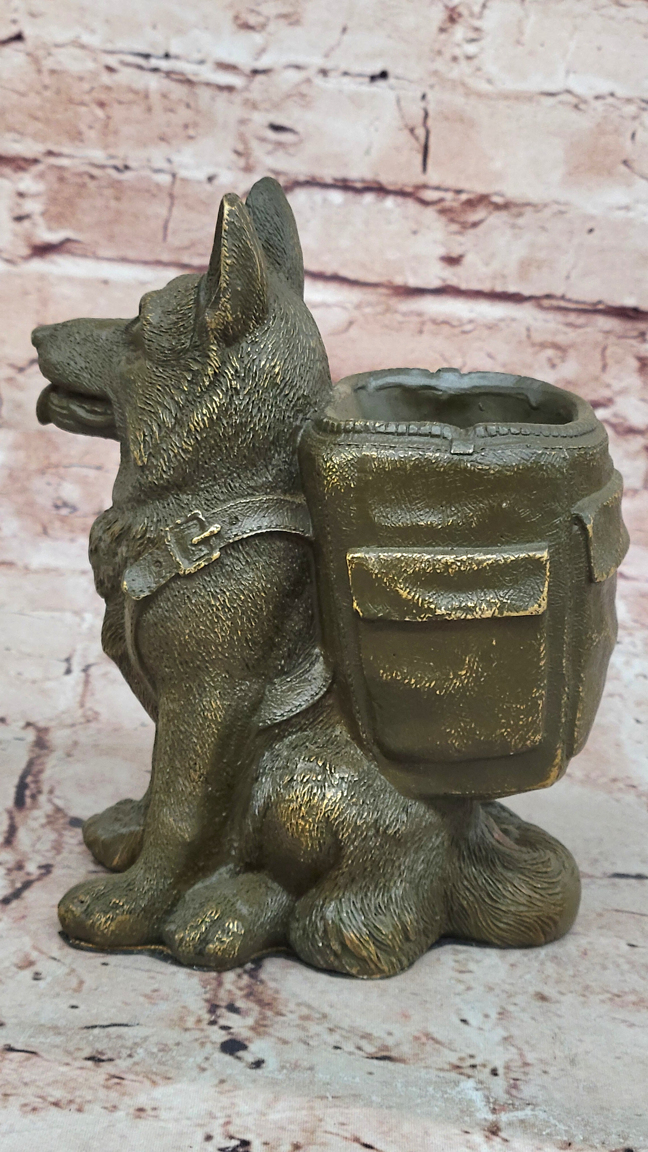 German Shepherd Bronze Figurine Pen Holder by M.Lopez Office or Bathroom Dog Decor