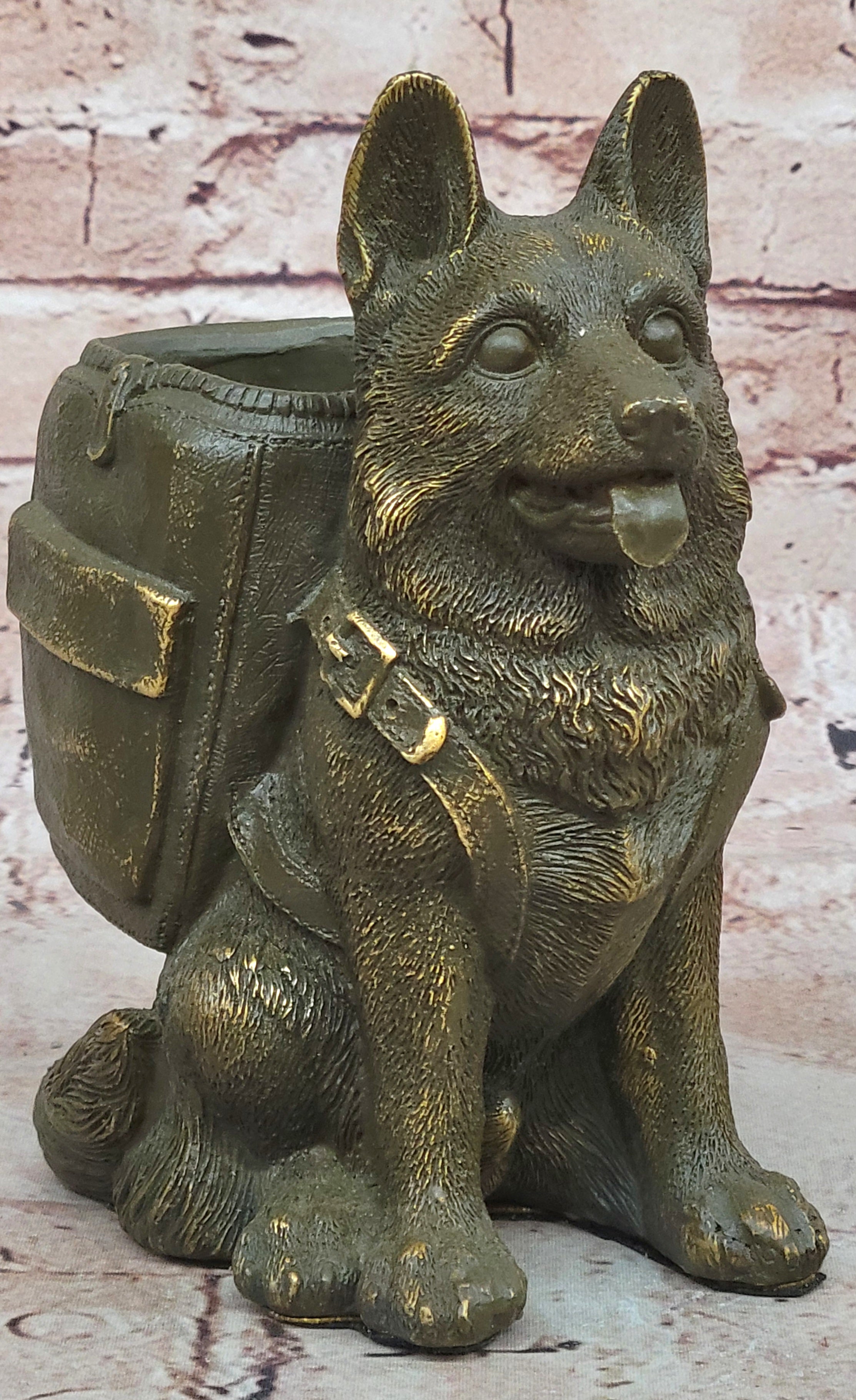 German Shepherd Bronze Figurine Pen Holder by M.Lopez Office or Bathroom Dog Decor