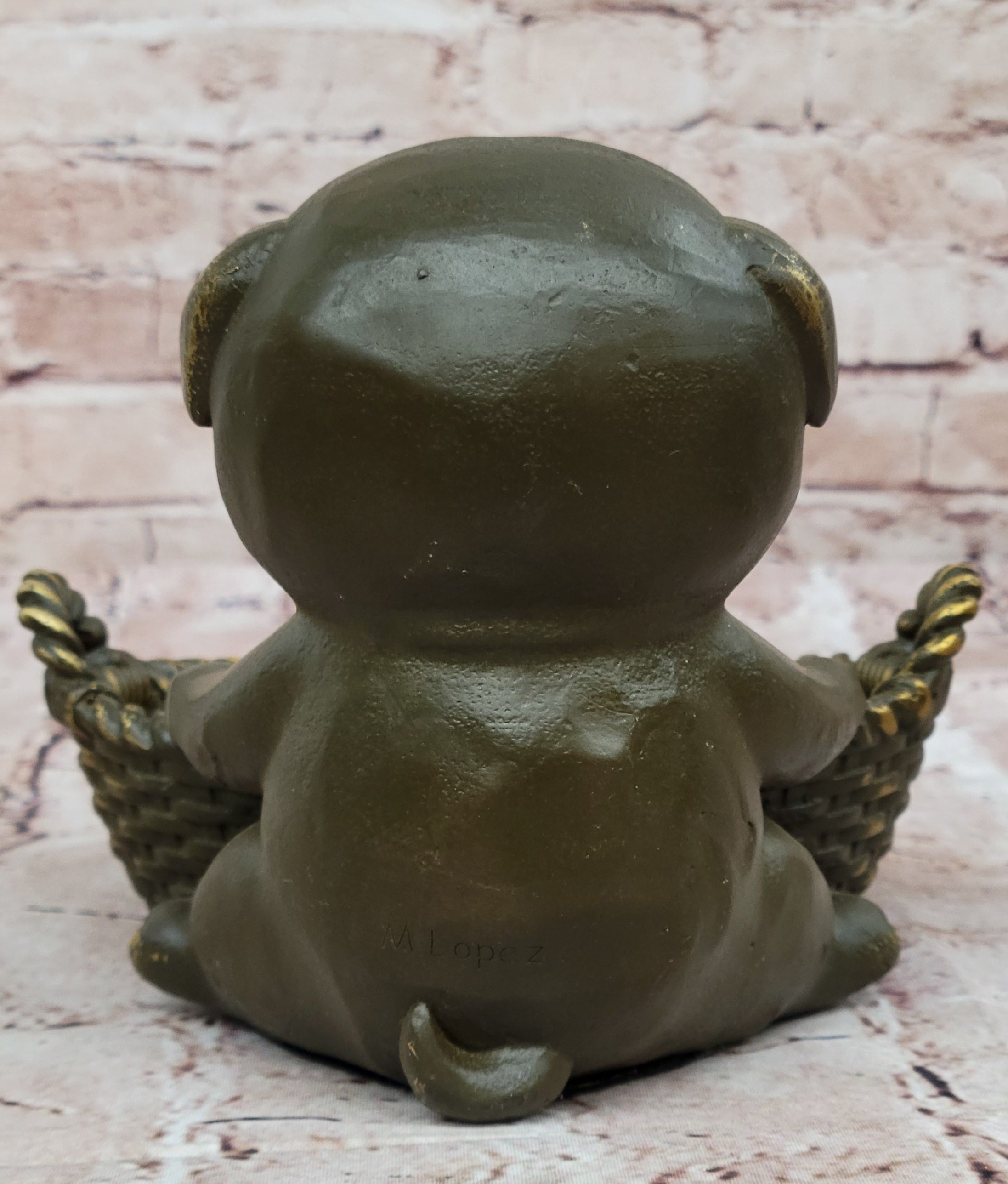Cute Puppy Bronze Sculpture by M. Lopez – Signed Dog Figurine, Tray or Card Holder