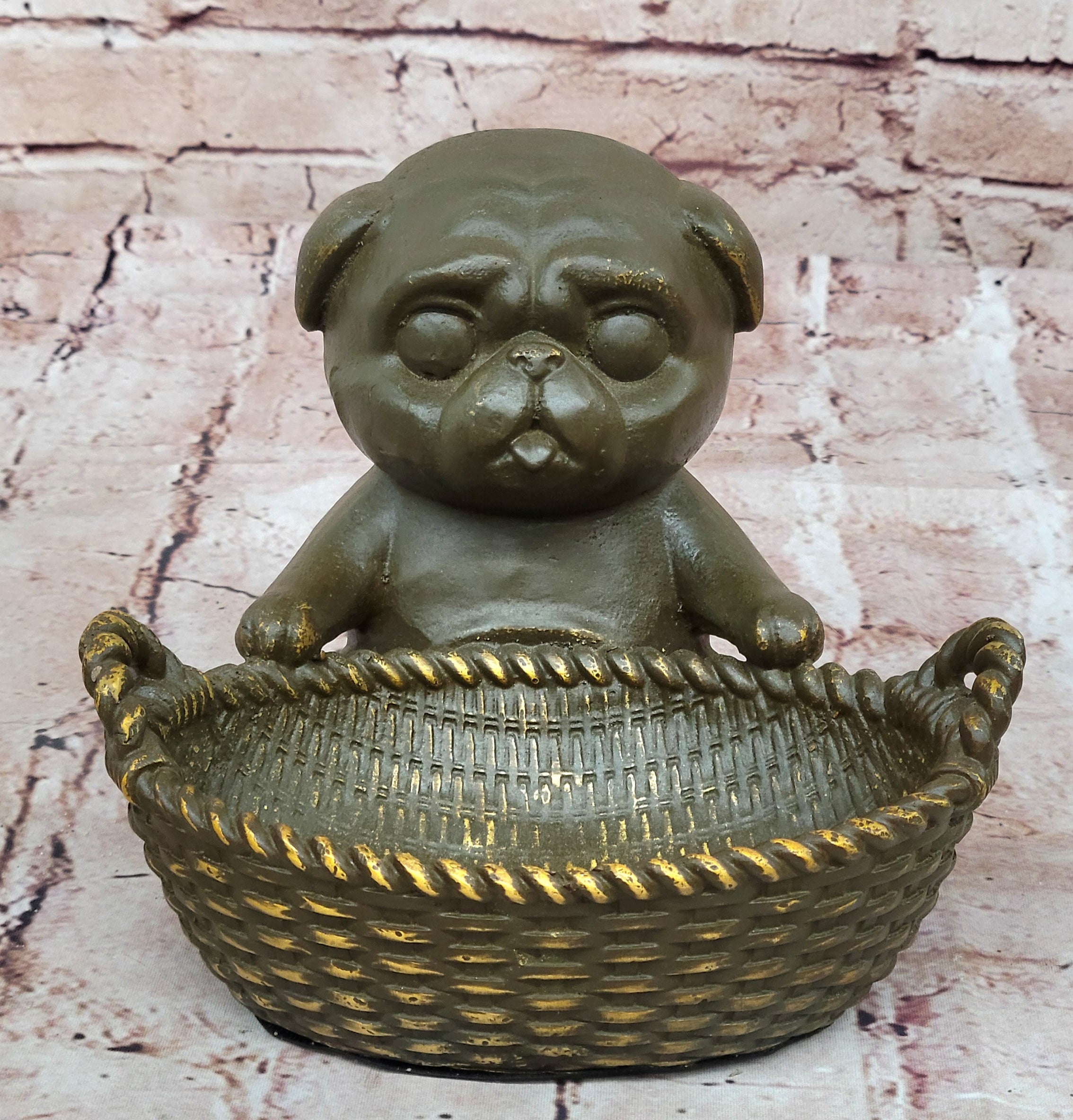 Cute Puppy Bronze Sculpture by M. Lopez – Signed Dog Figurine, Tray or Card Holder