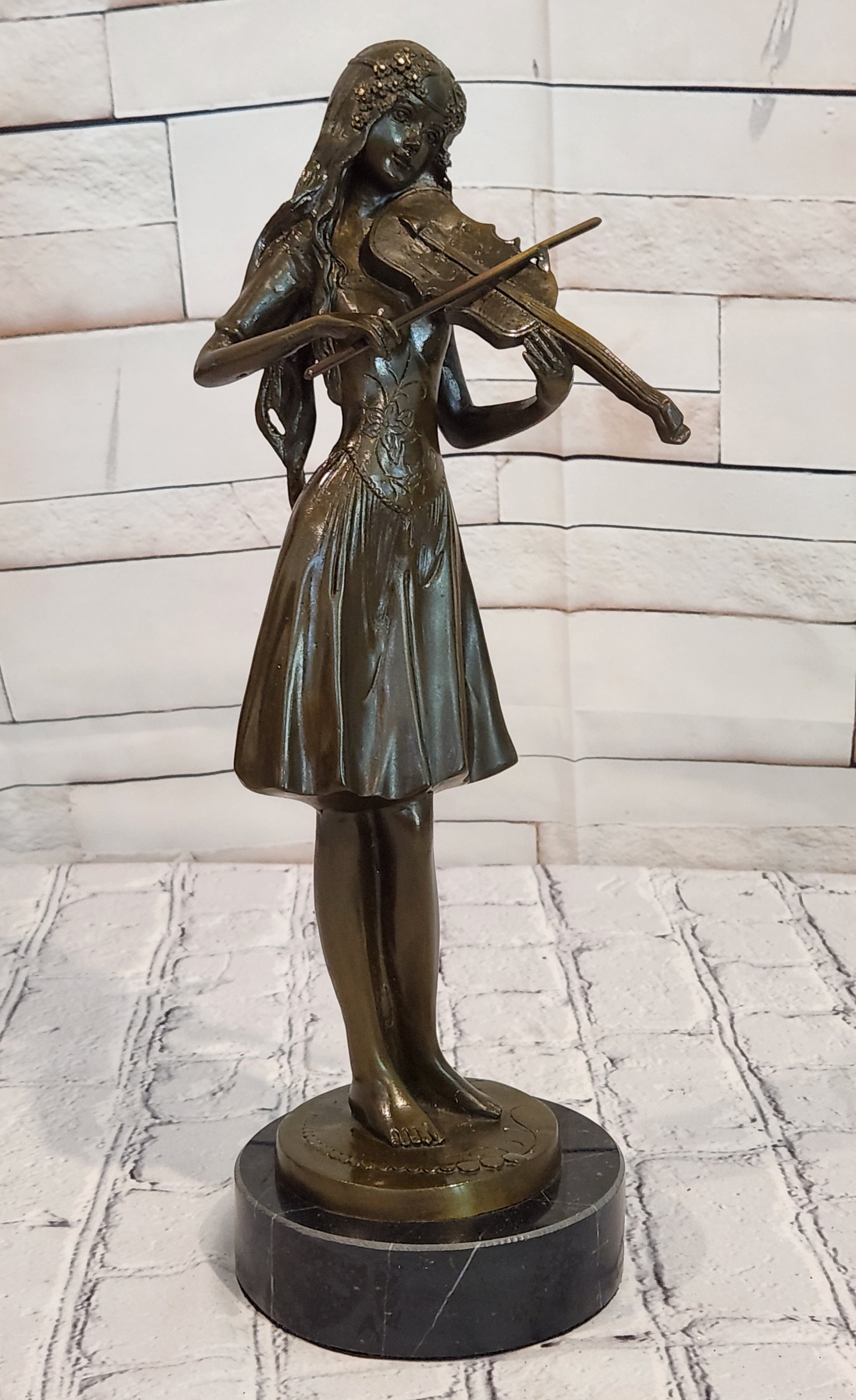 French Style Bronze Violin Player Lady Sculpture Hot Cast Figurine Decor