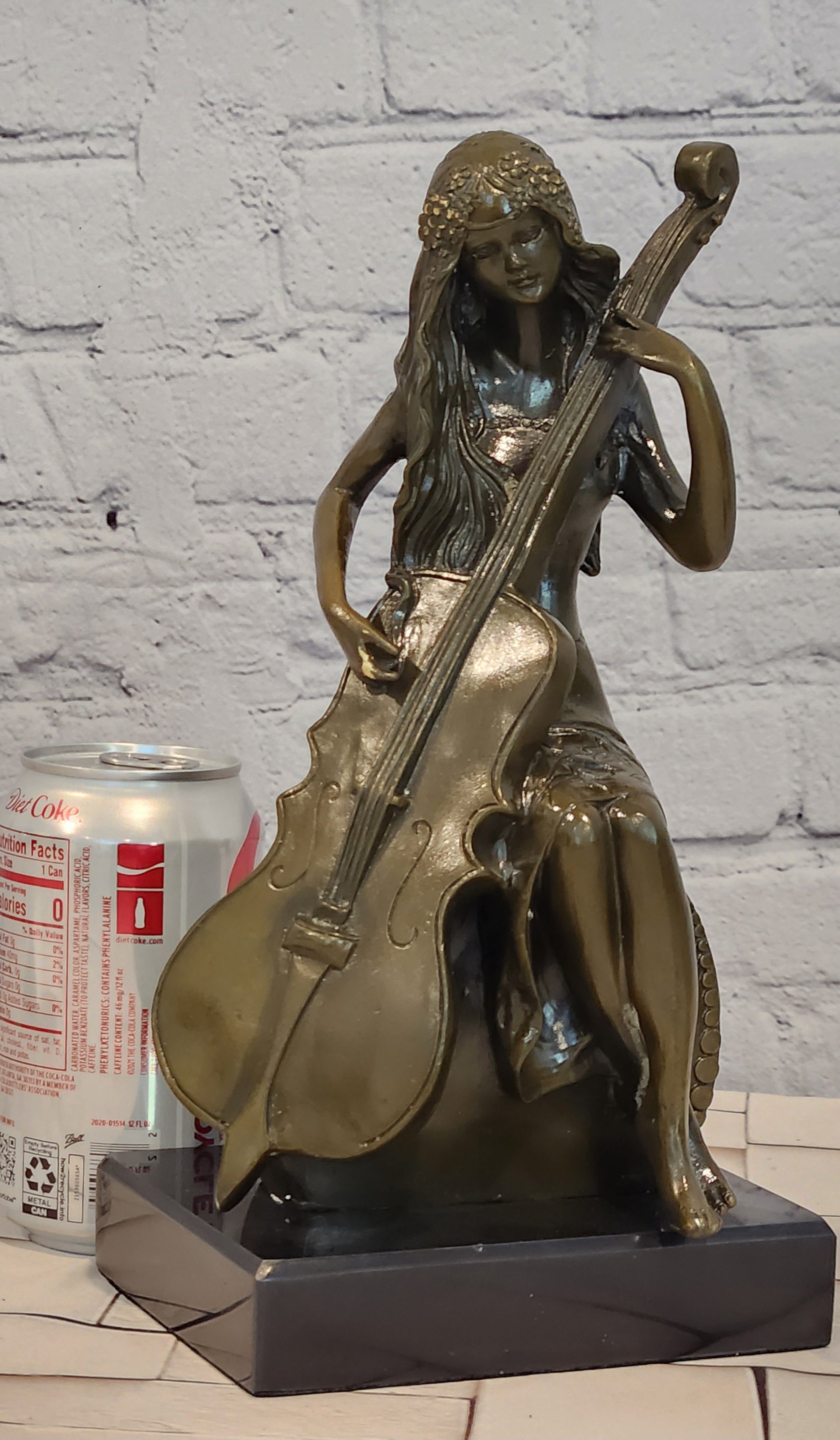 Bronze Female Musician Sculpture Lady Playing Cello Vintage Art Statue
