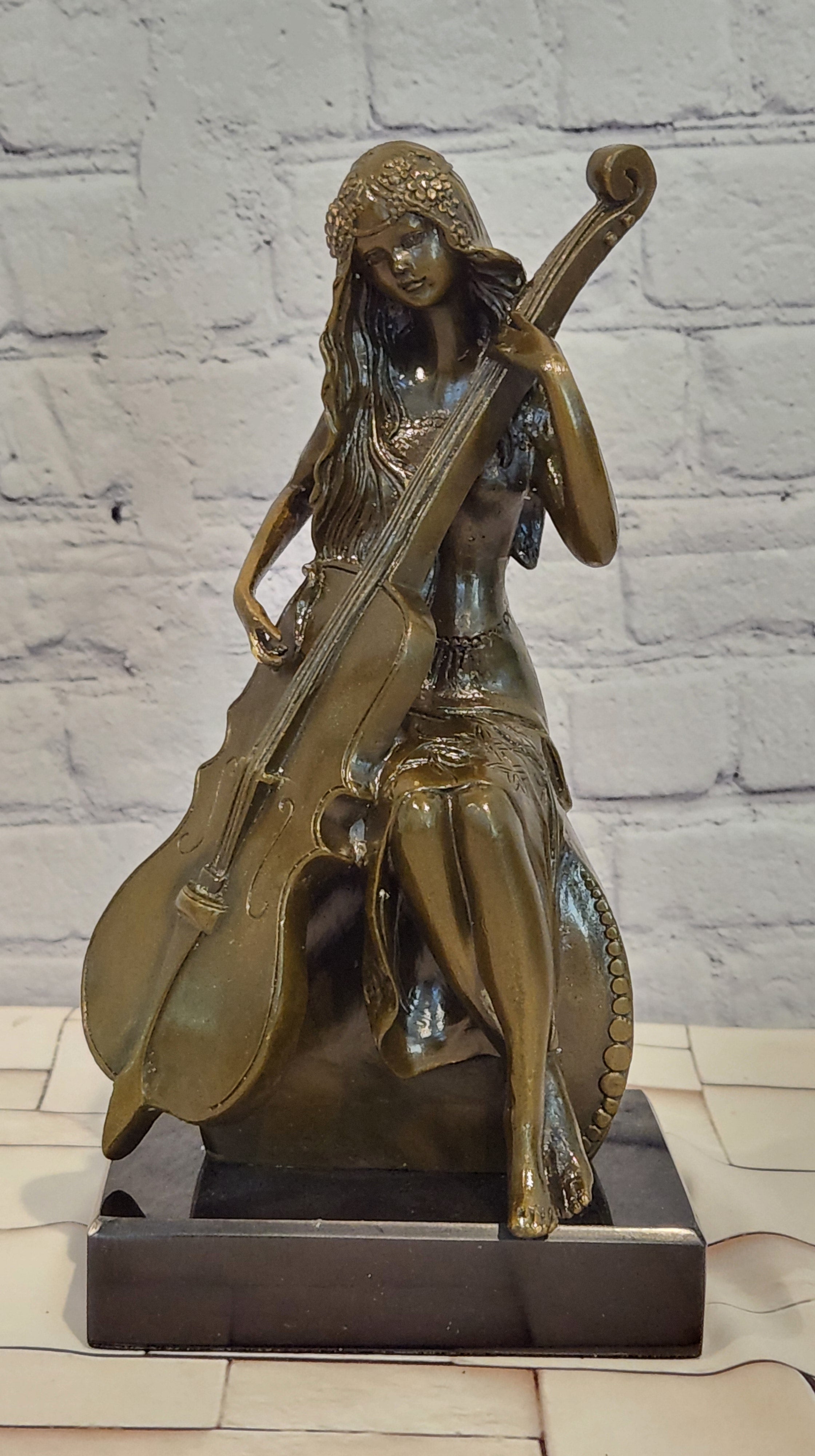 Bronze Female Musician Sculpture Lady Playing Cello Vintage Art Statue