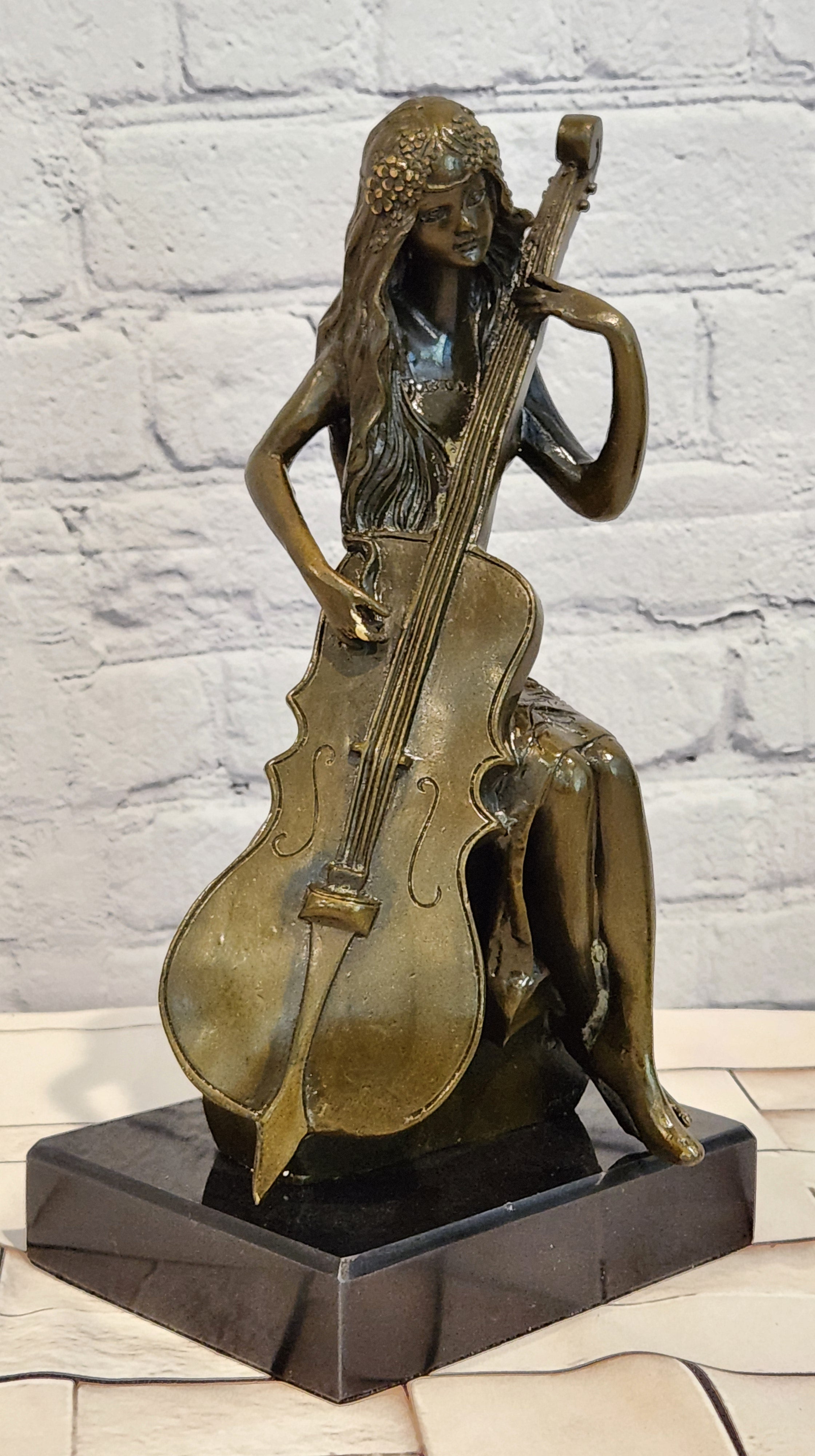 Bronze Female Musician Sculpture Lady Playing Cello Vintage Art Statue