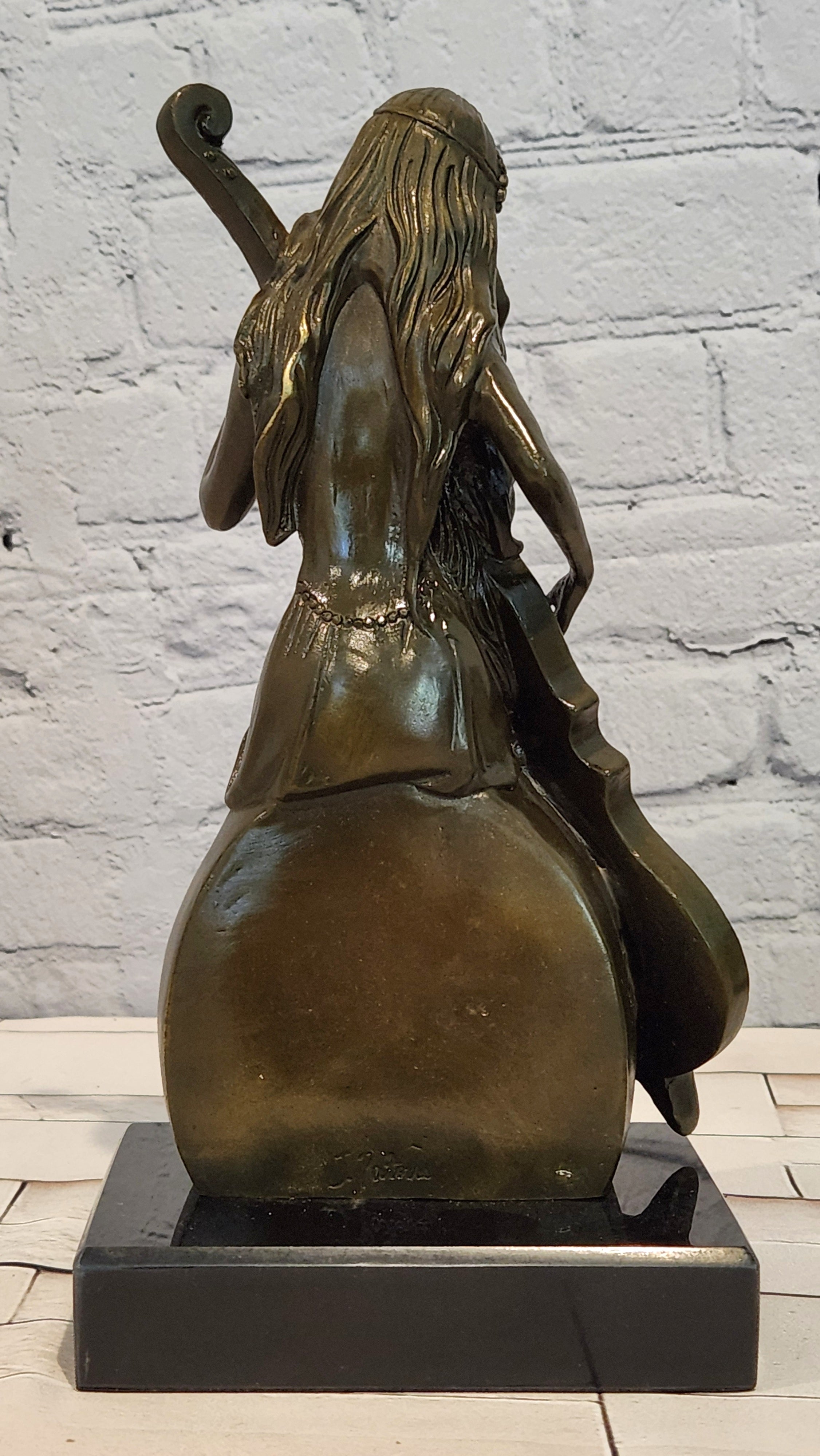 Bronze Female Musician Sculpture Lady Playing Cello Vintage Art Statue