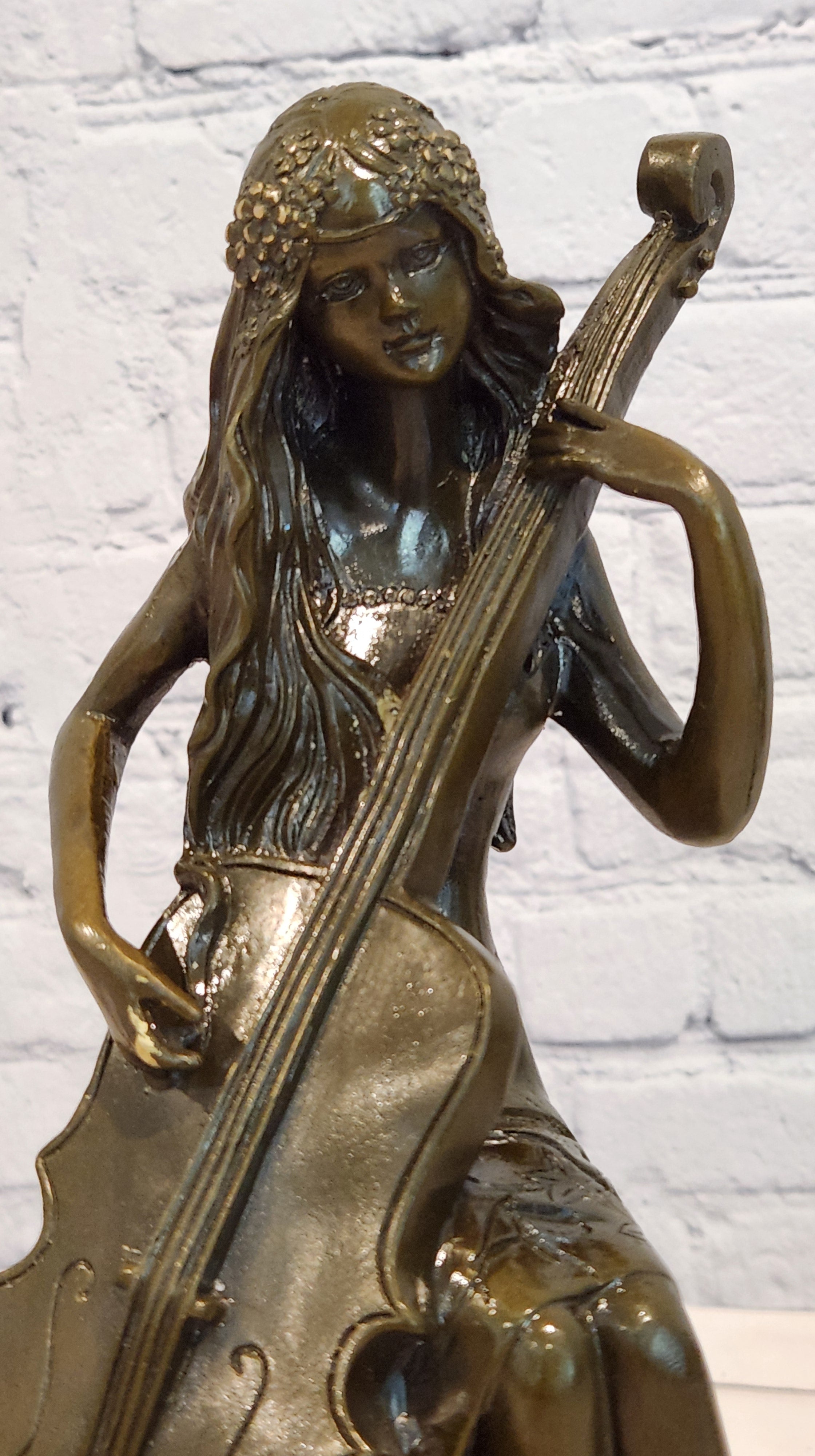 Bronze Female Musician Sculpture Lady Playing Cello Vintage Art Statue