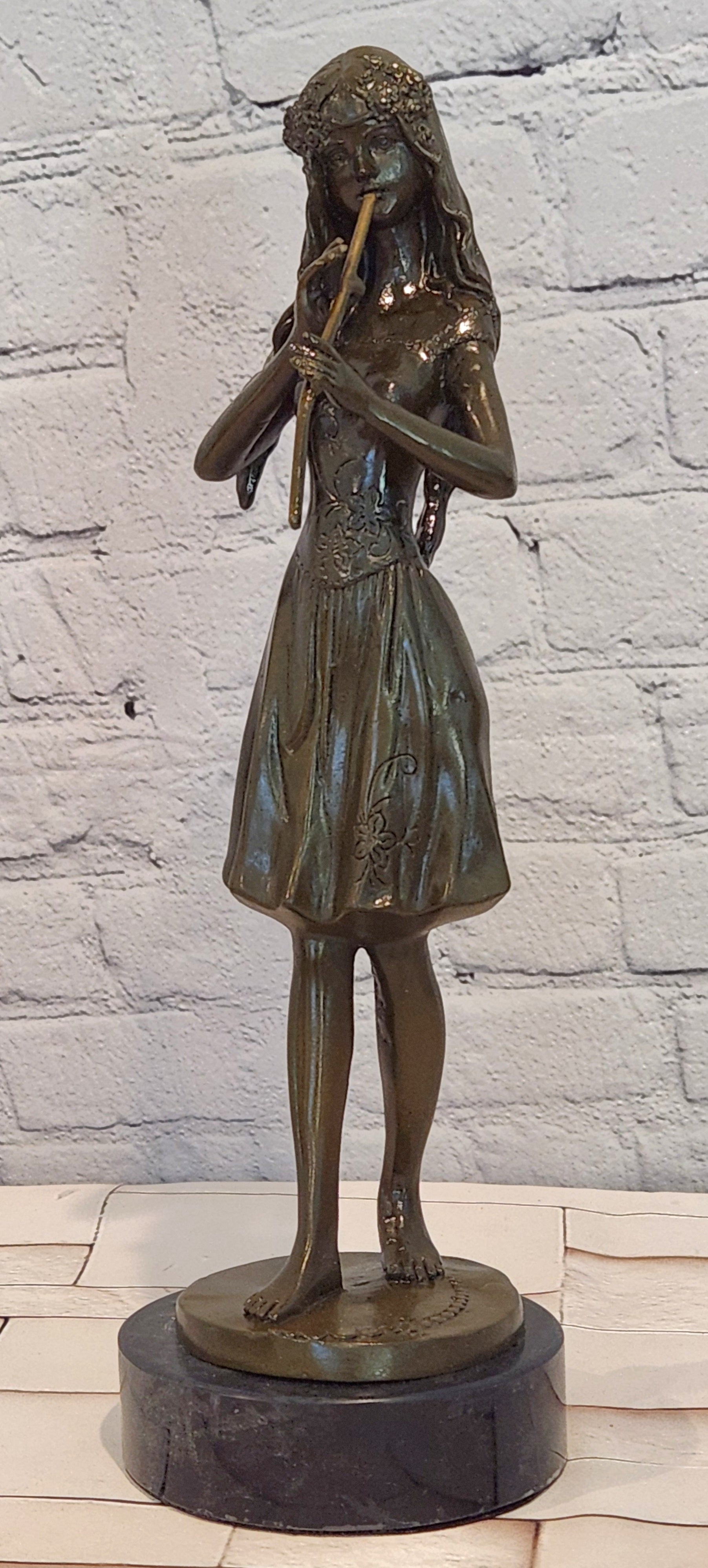 Bronze Girl Playing Flute Sculpture Signed J. Patoue Fine Artwork Collectible