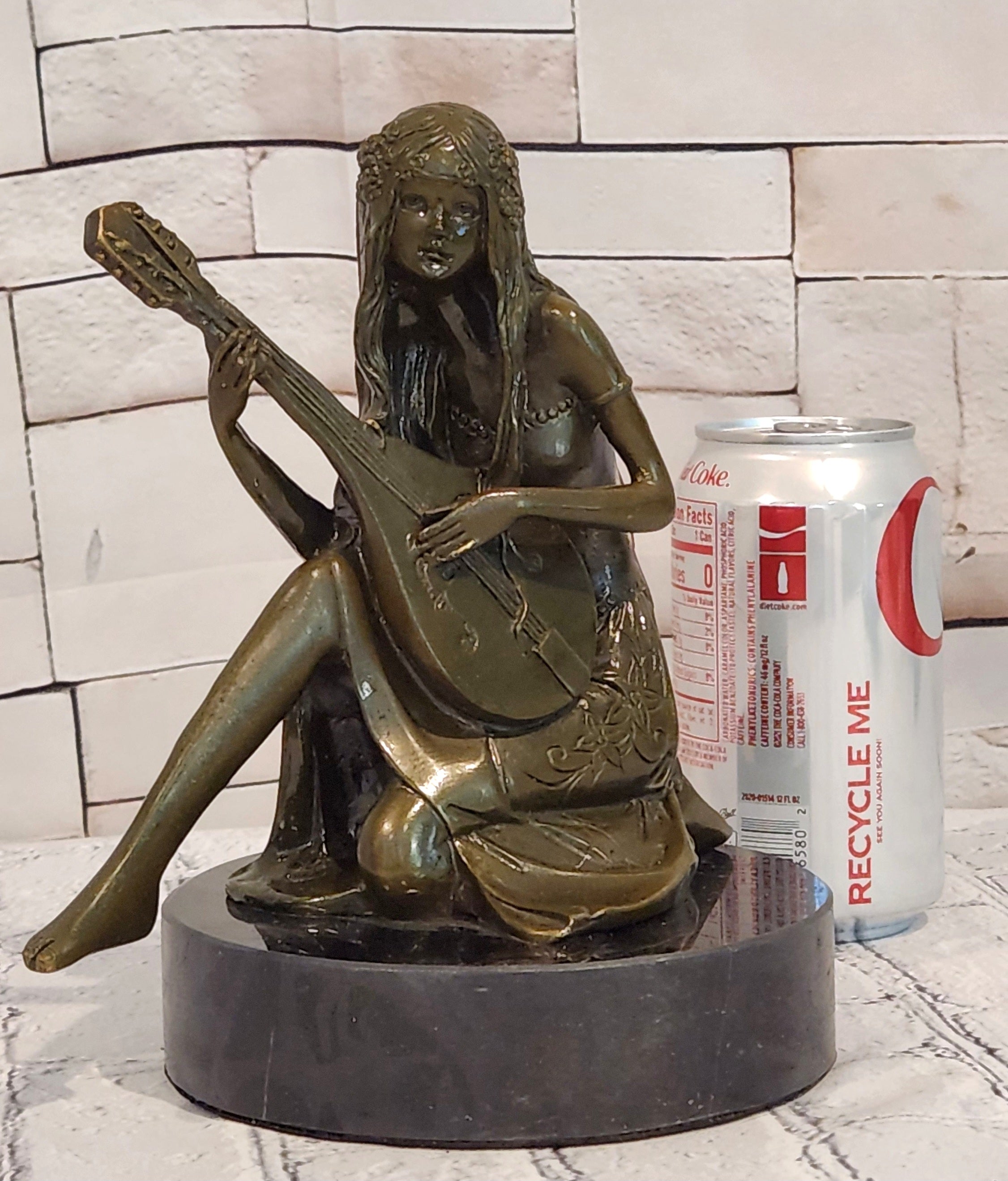 Art Nouveau Bronze Mandolin Player Girl Statue Signed Jean Patoue Sculpture