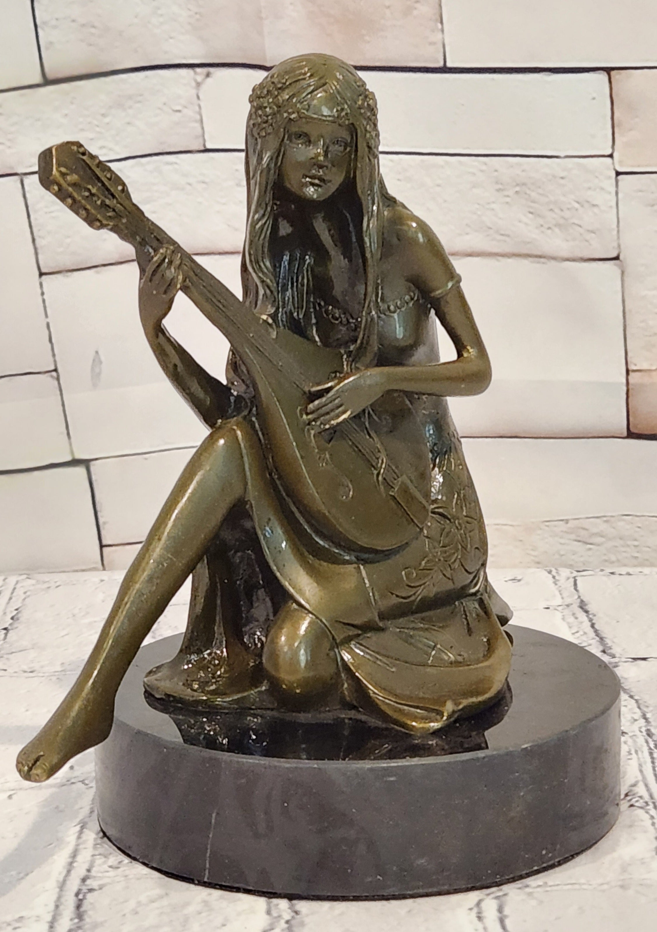 Art Nouveau Bronze Mandolin Player Girl Statue Signed Jean Patoue Sculpture
