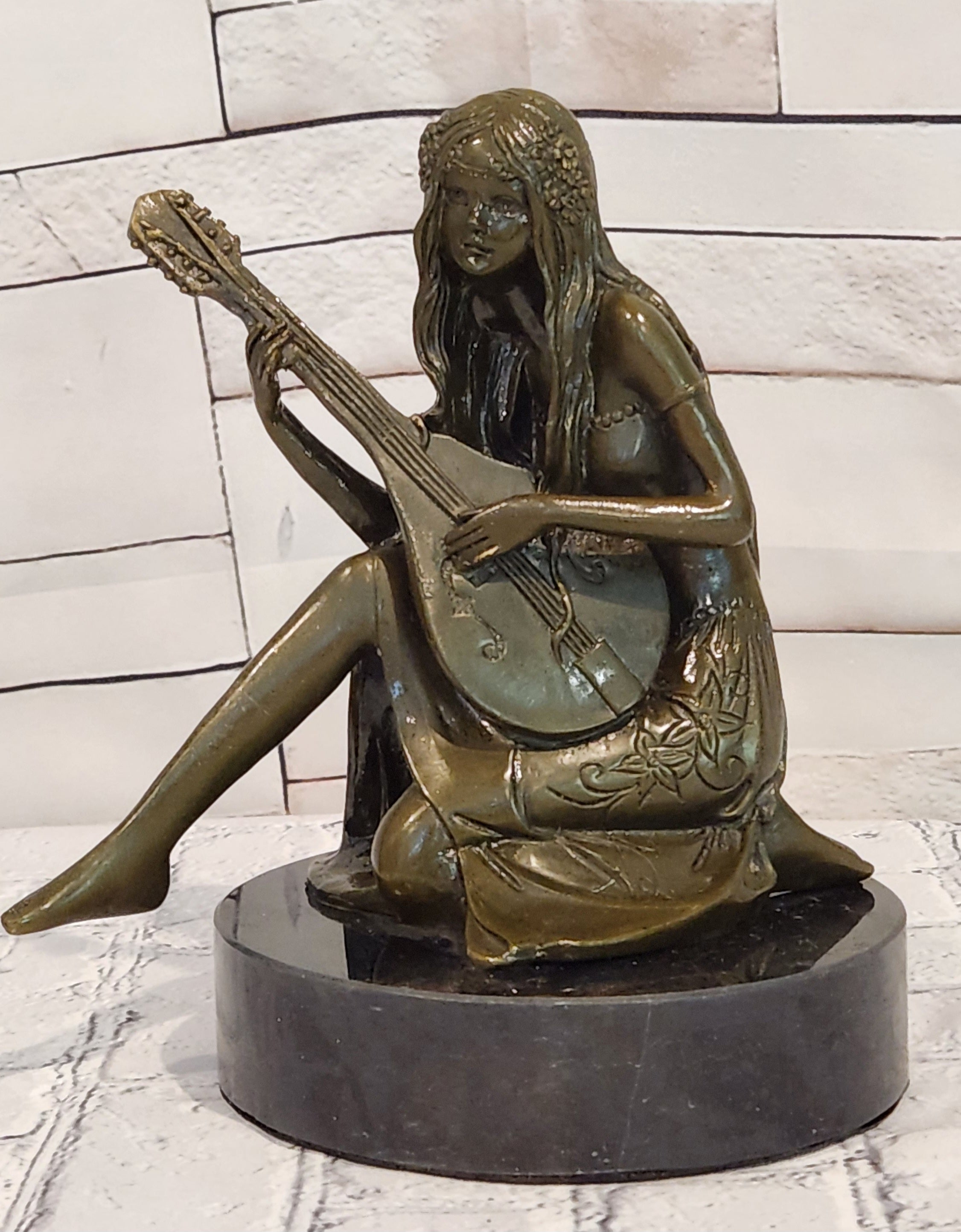 Art Nouveau Bronze Mandolin Player Girl Statue Signed Jean Patoue Sculpture