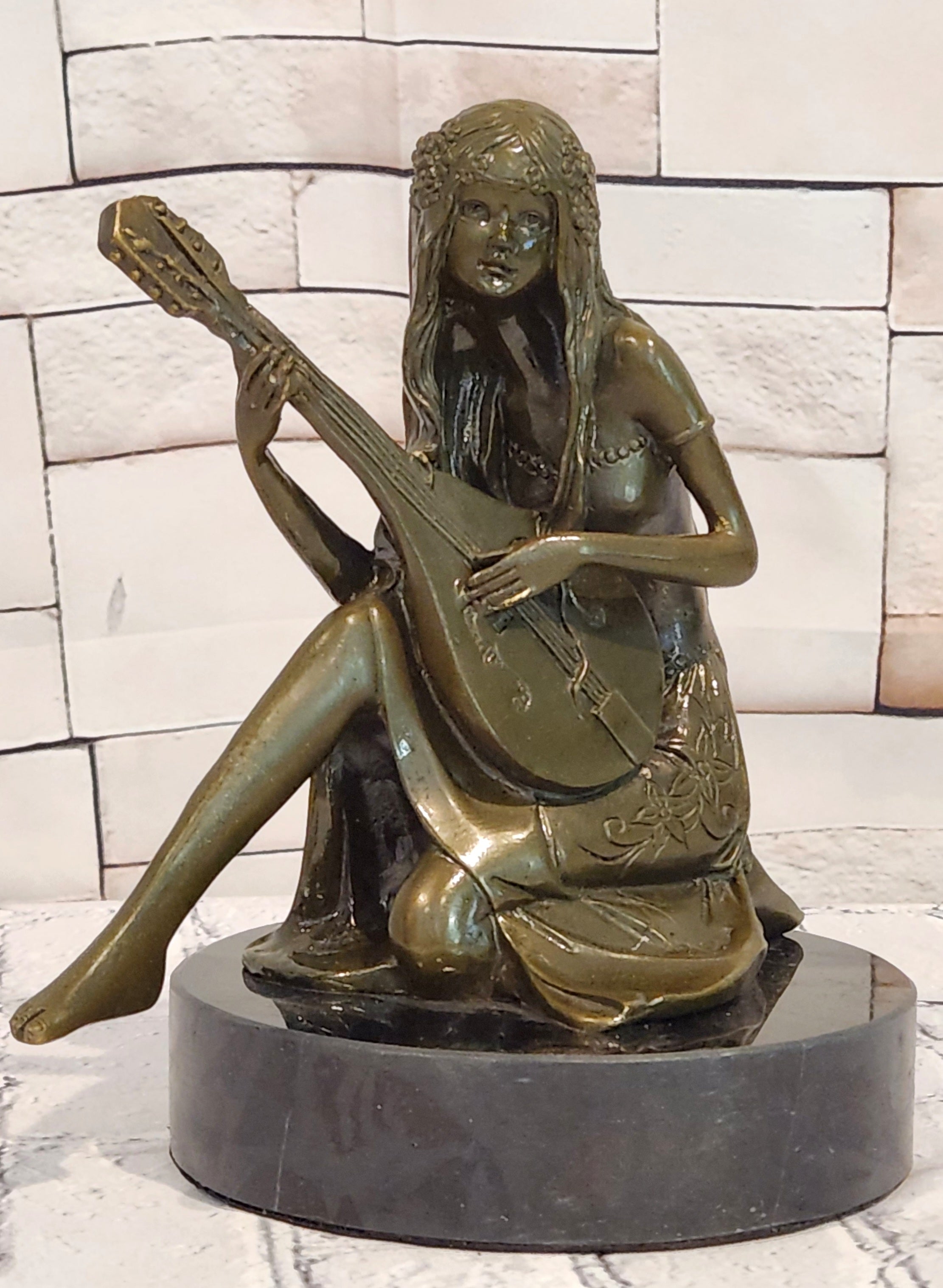 Art Nouveau Bronze Mandolin Player Girl Statue Signed Jean Patoue Sculpture