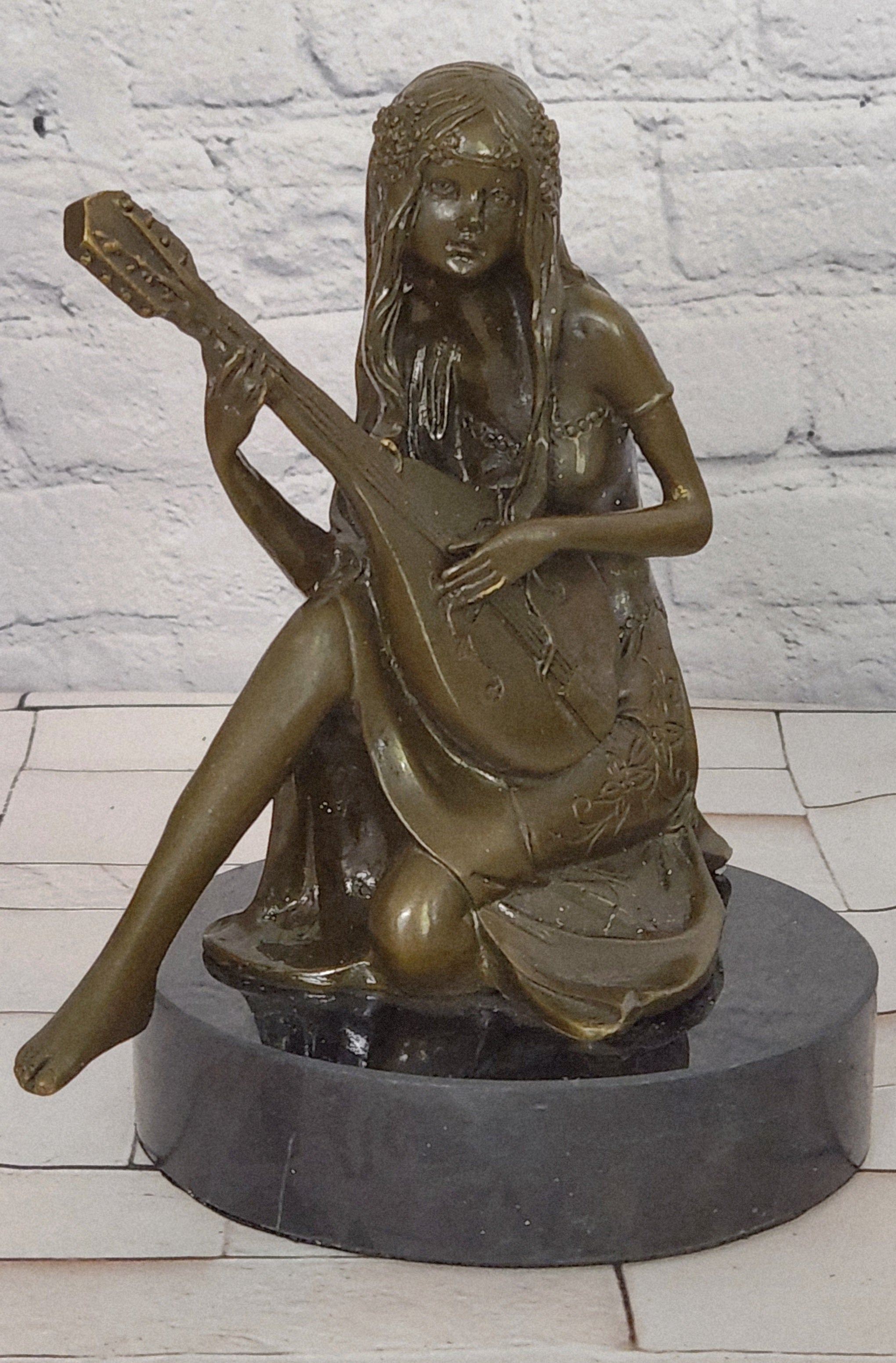 Art Nouveau Bronze Mandolin Player Girl Statue Signed Jean Patoue Sculpture