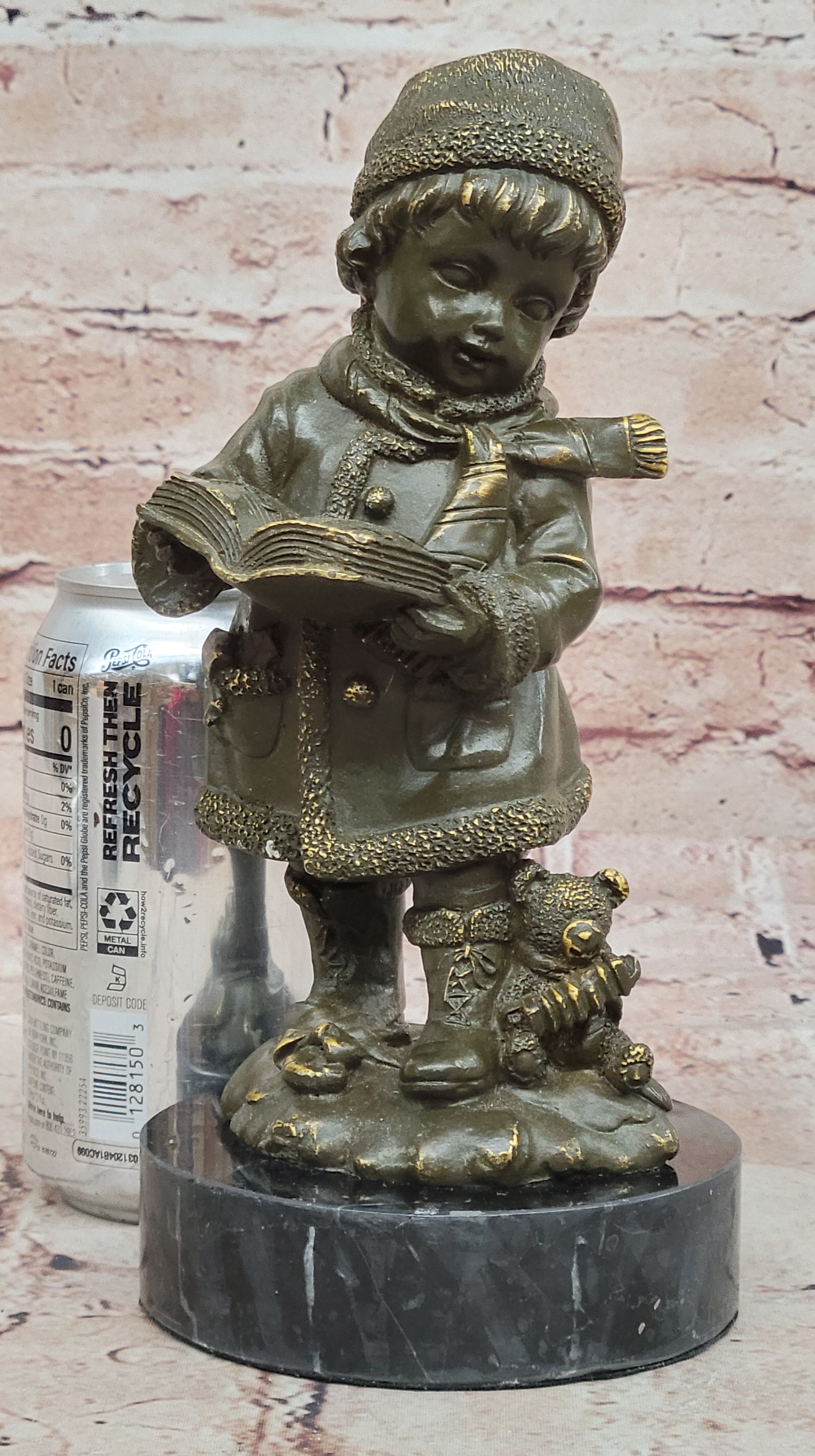 Bronze Statue of Boy in Winter Clothing Reading Book Signed J. Patoue Figurine