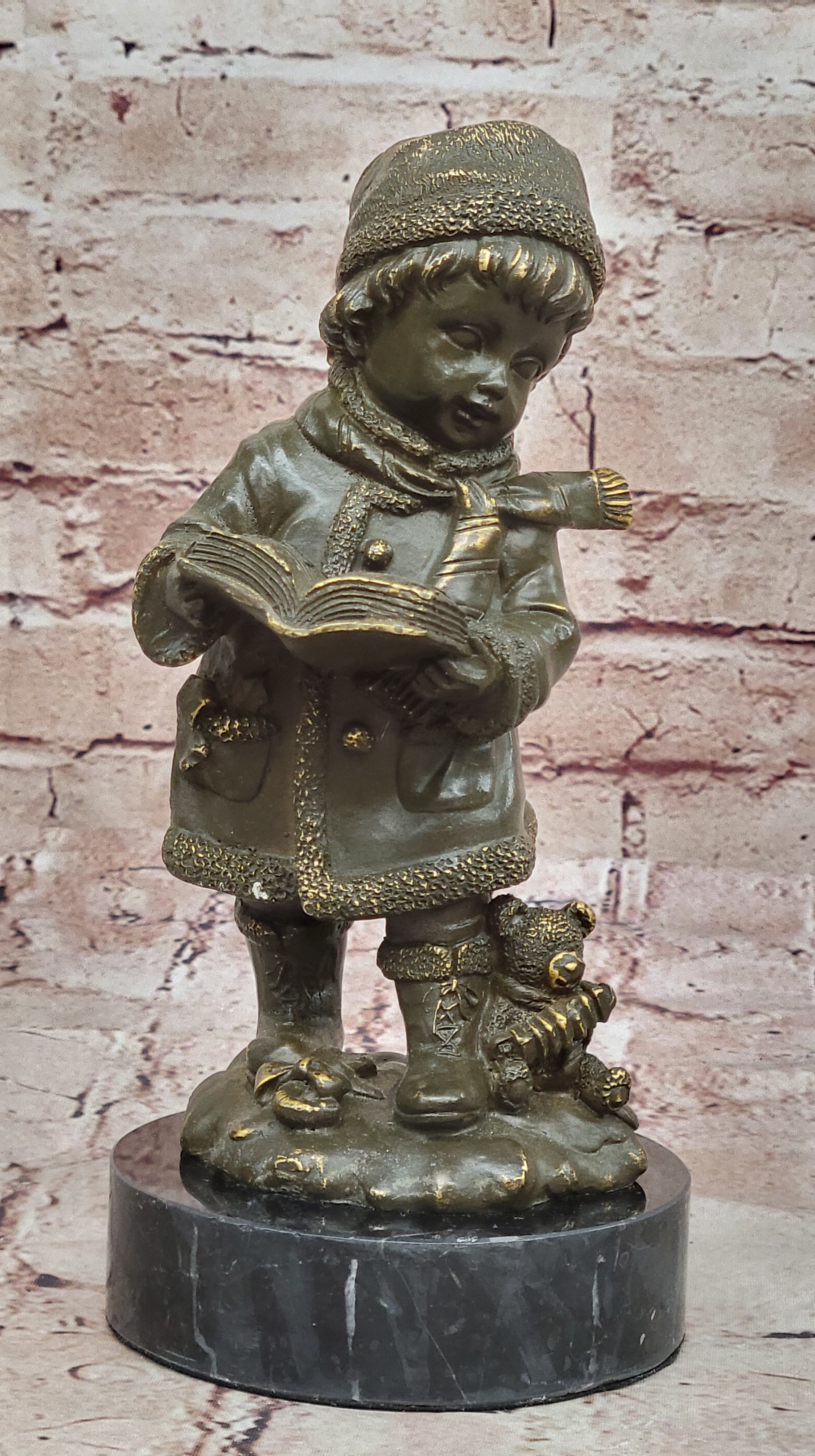 Bronze Statue of Boy in Winter Clothing Reading Book Signed J. Patoue Figurine