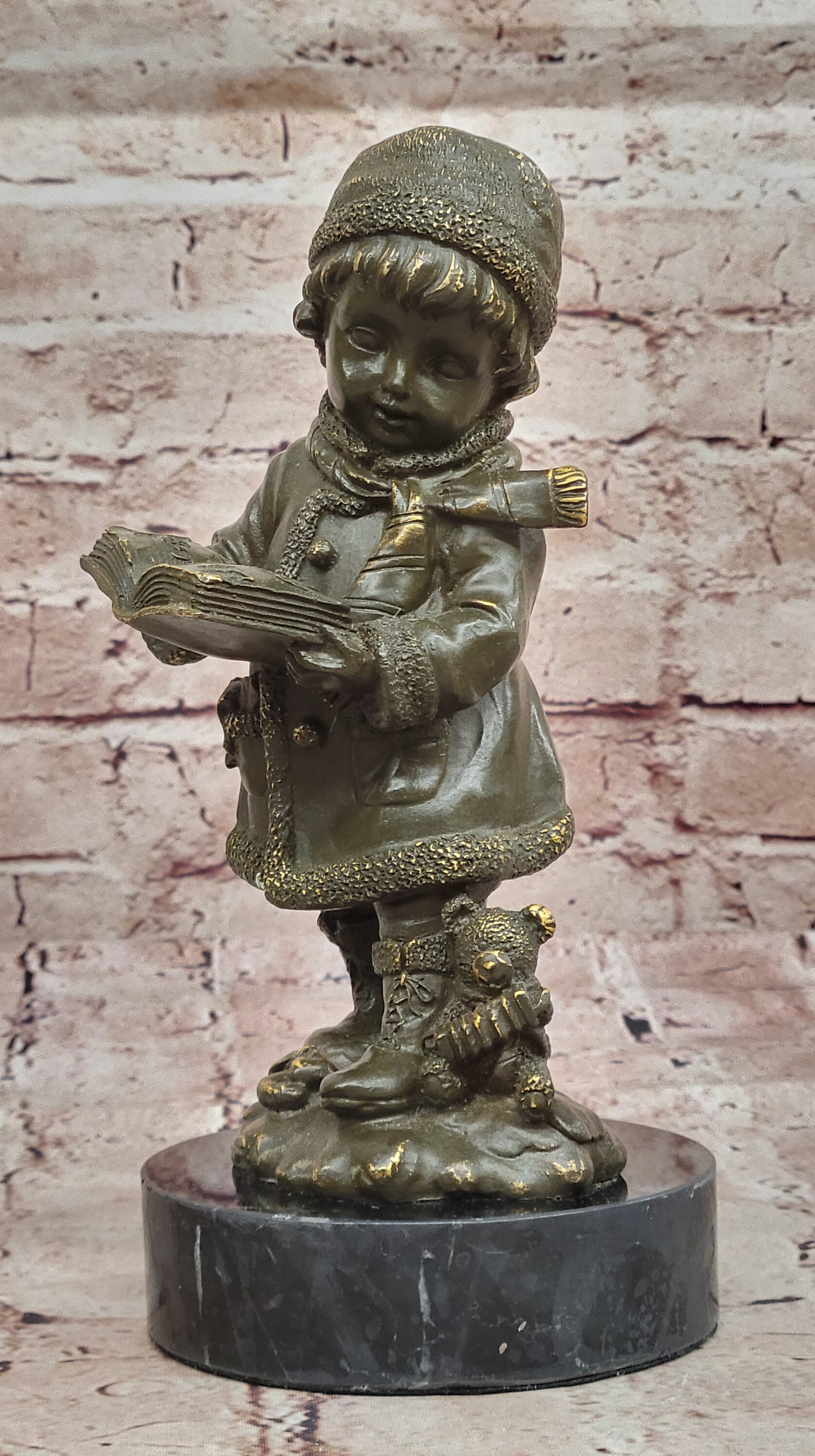 Bronze Statue of Boy in Winter Clothing Reading Book Signed J. Patoue Figurine
