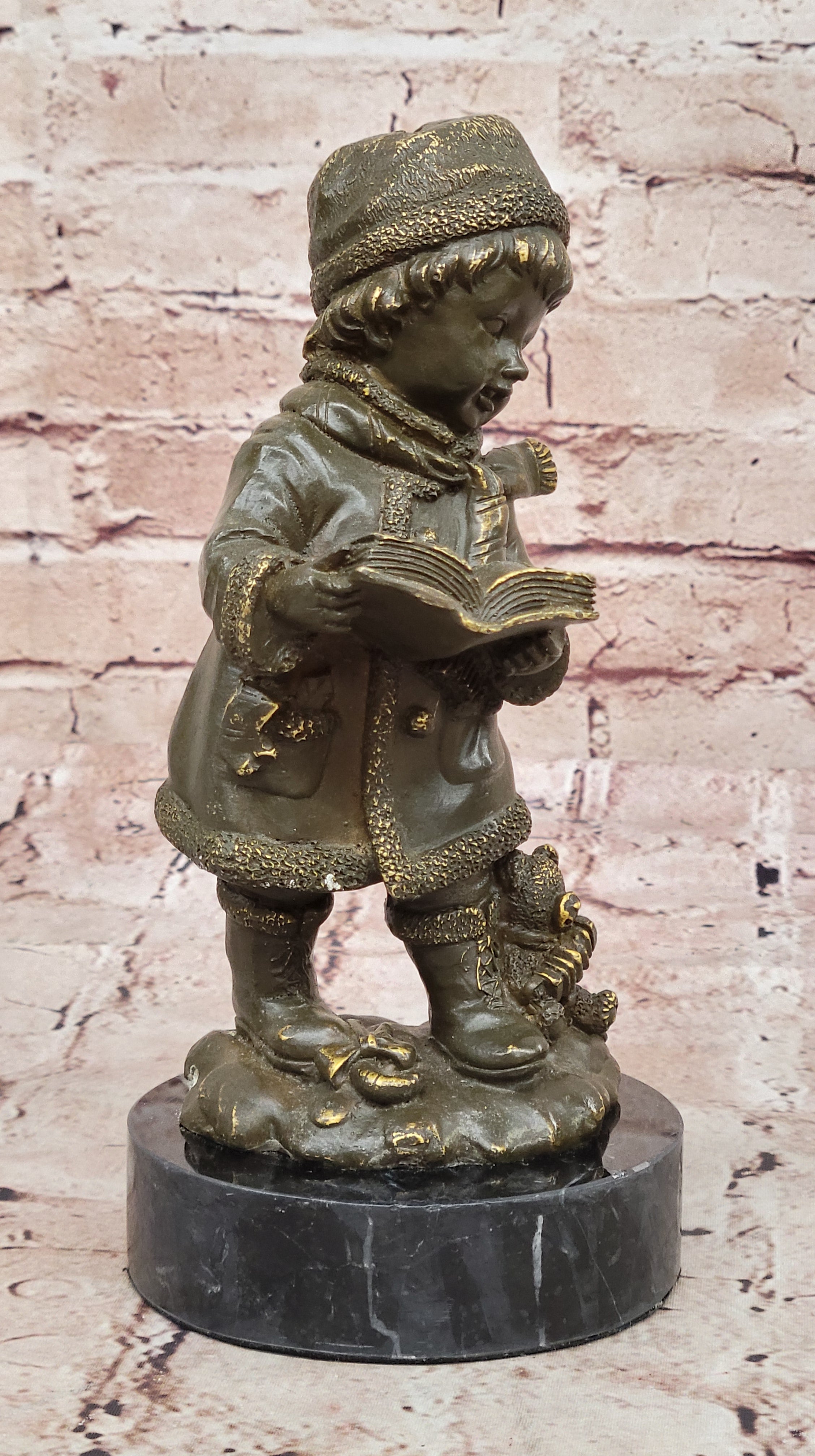 Bronze Statue of Boy in Winter Clothing Reading Book Signed J. Patoue Figurine