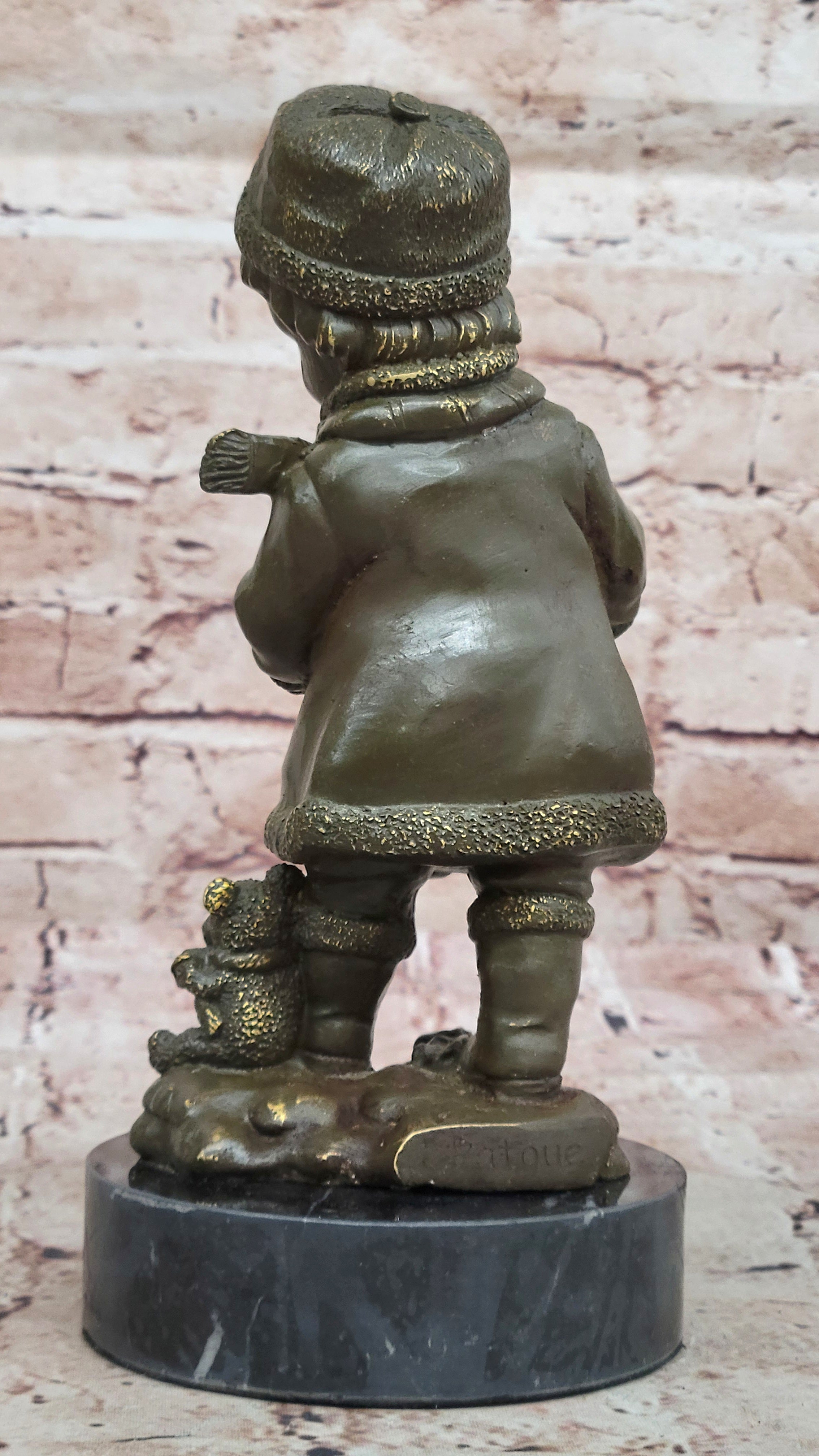 Bronze Statue of Boy in Winter Clothing Reading Book Signed J. Patoue Figurine