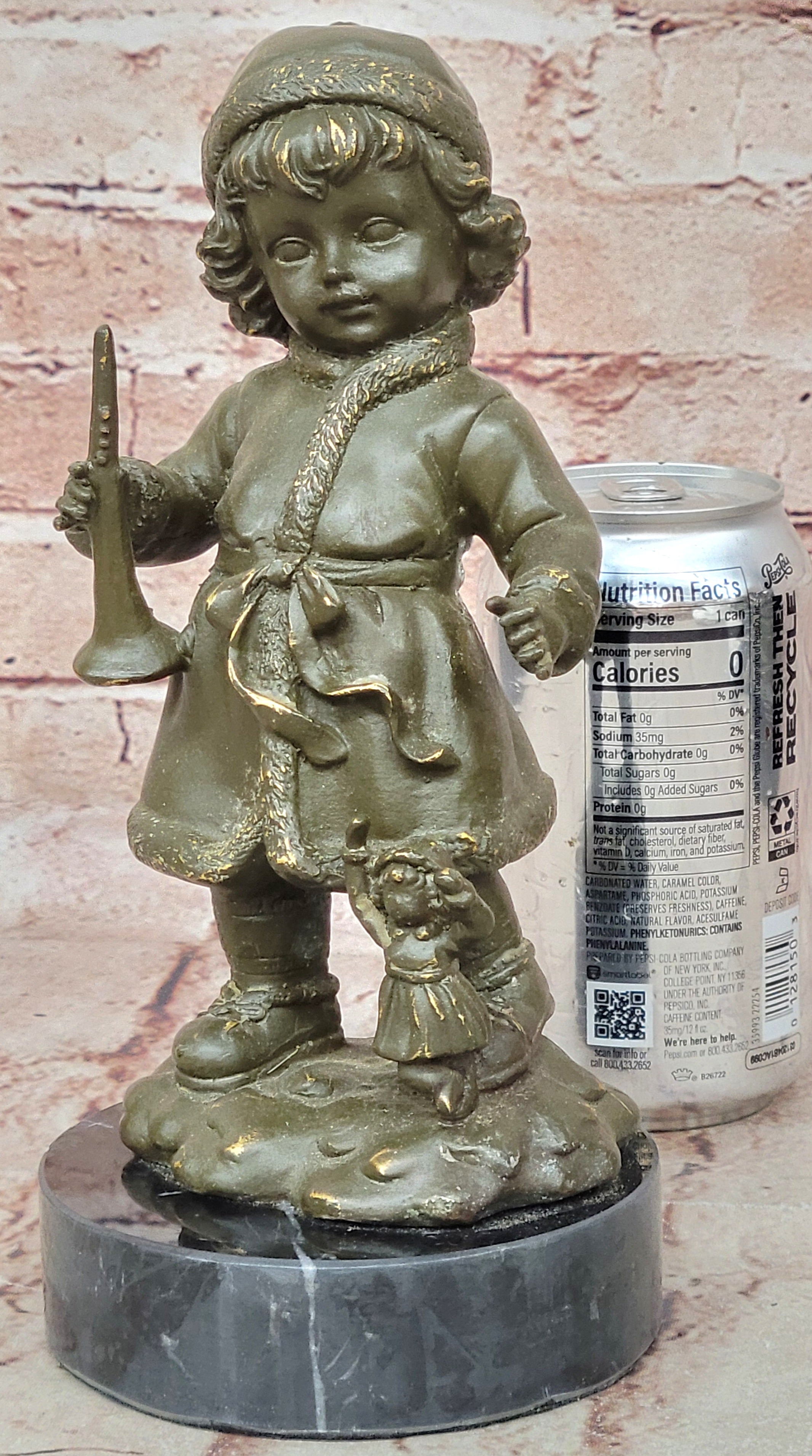 Horn Player Girl Bronze Sculpture Statue Winter Hat Figurine Home Decor