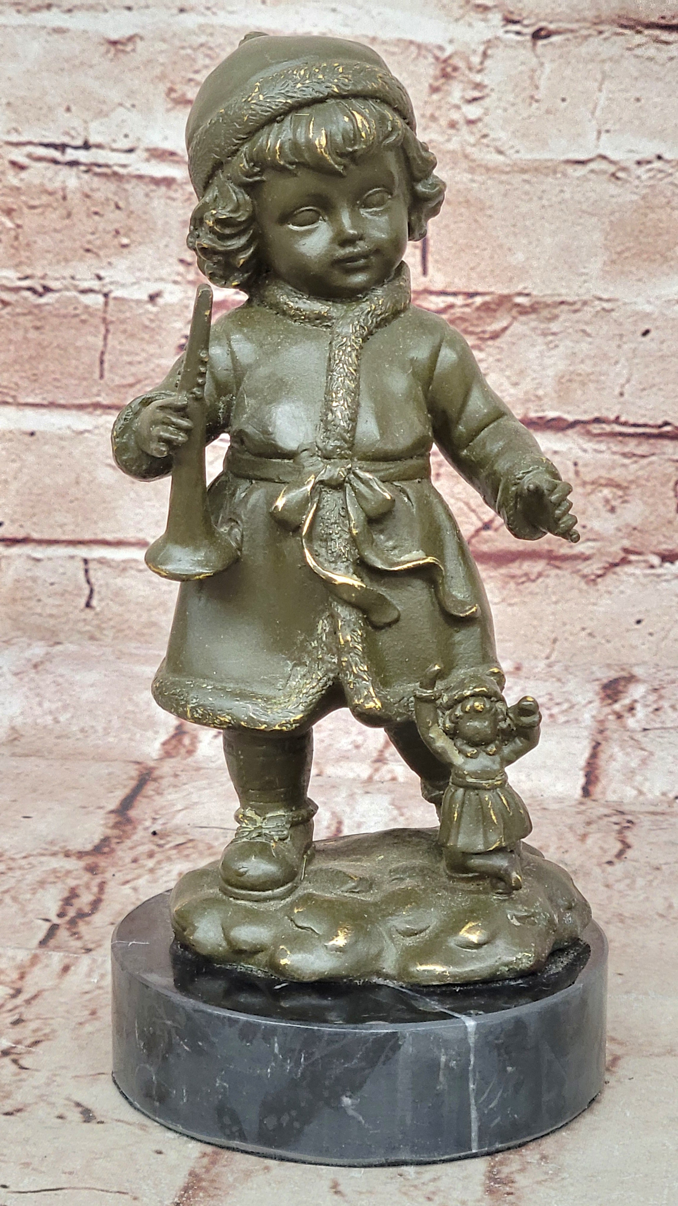 Horn Player Girl Bronze Sculpture Statue Winter Hat Figurine Home Decor