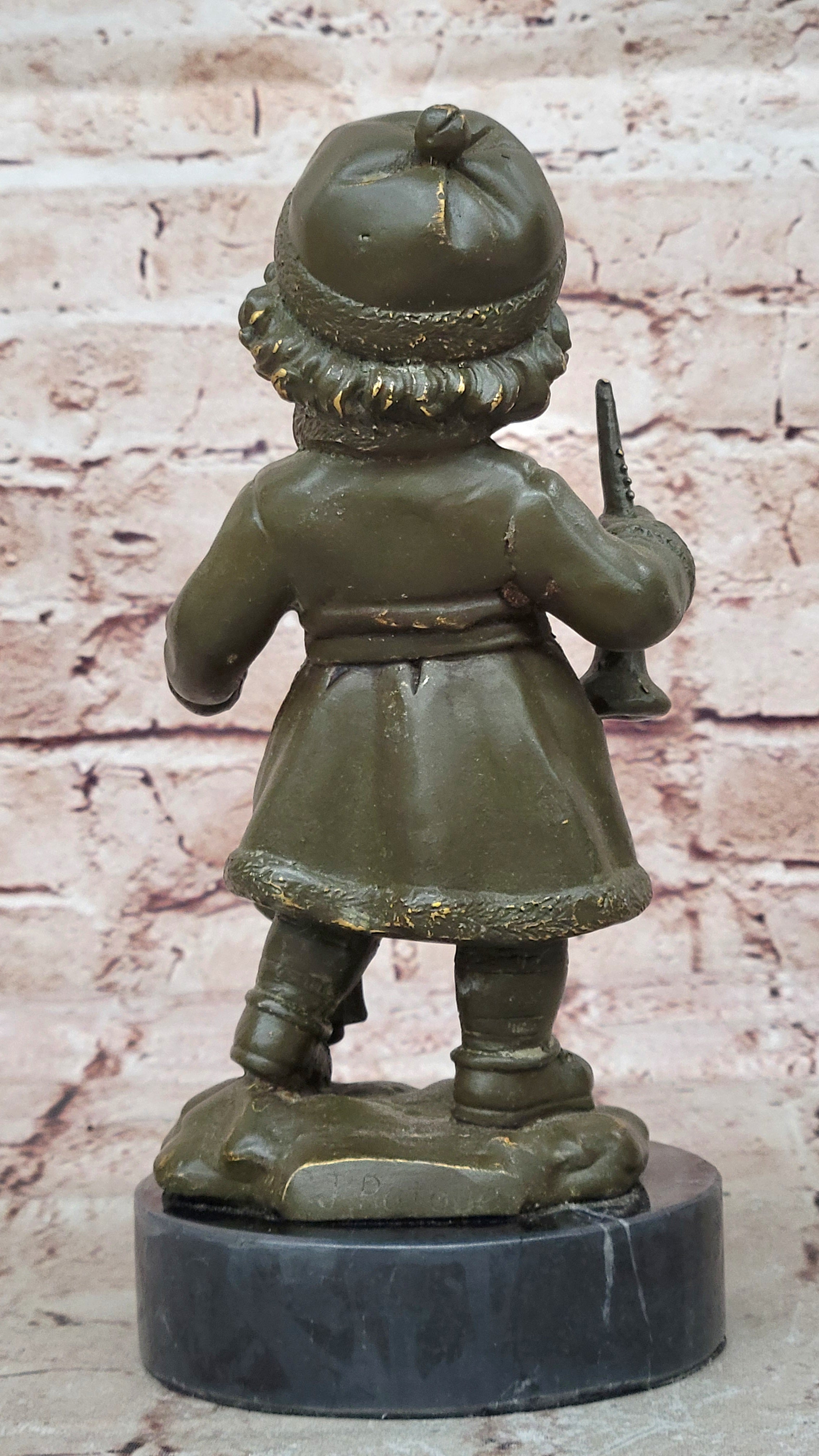 Horn Player Girl Bronze Sculpture Statue Winter Hat Figurine Home Decor
