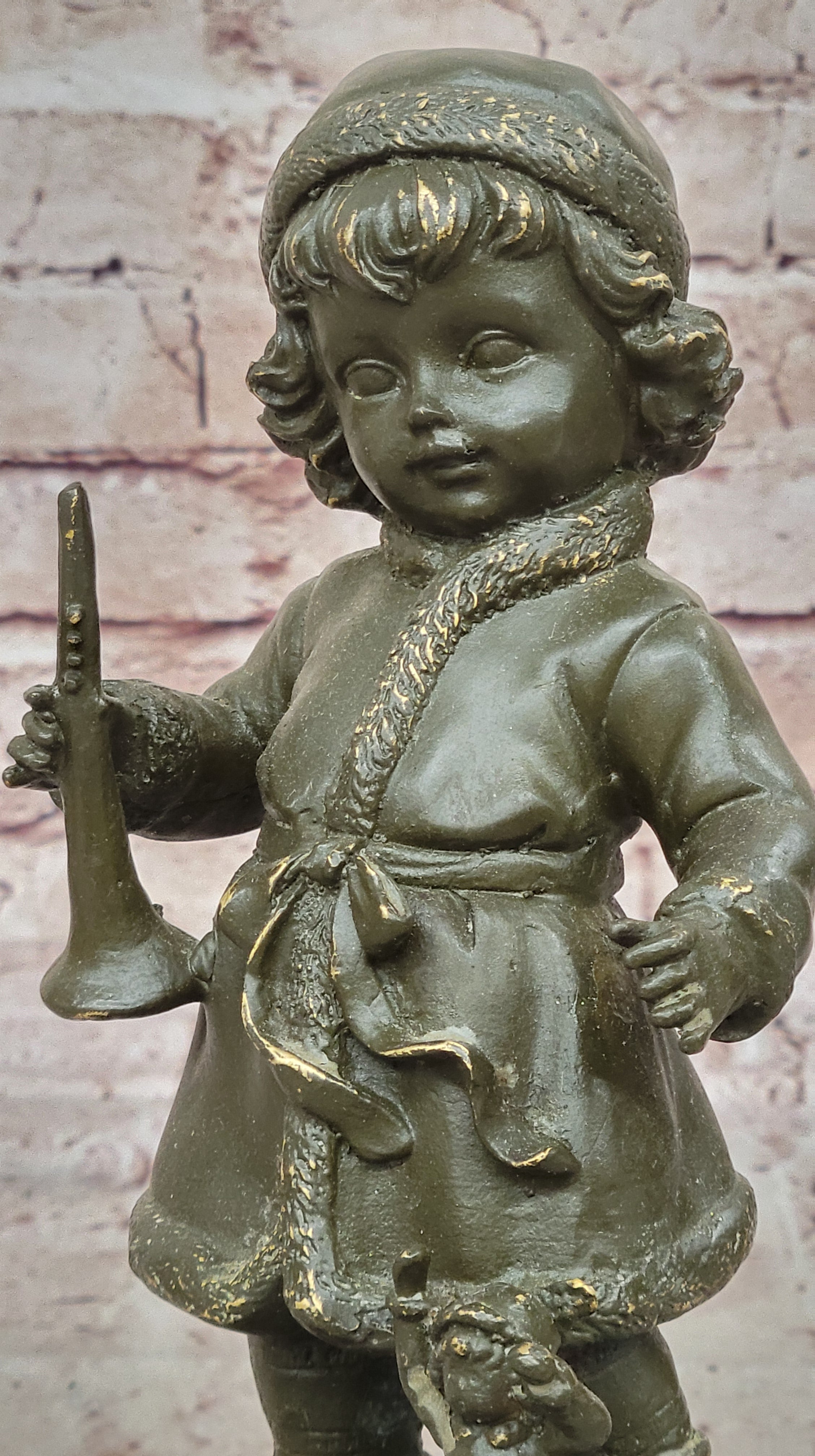 Horn Player Girl Bronze Sculpture Statue Winter Hat Figurine Home Decor
