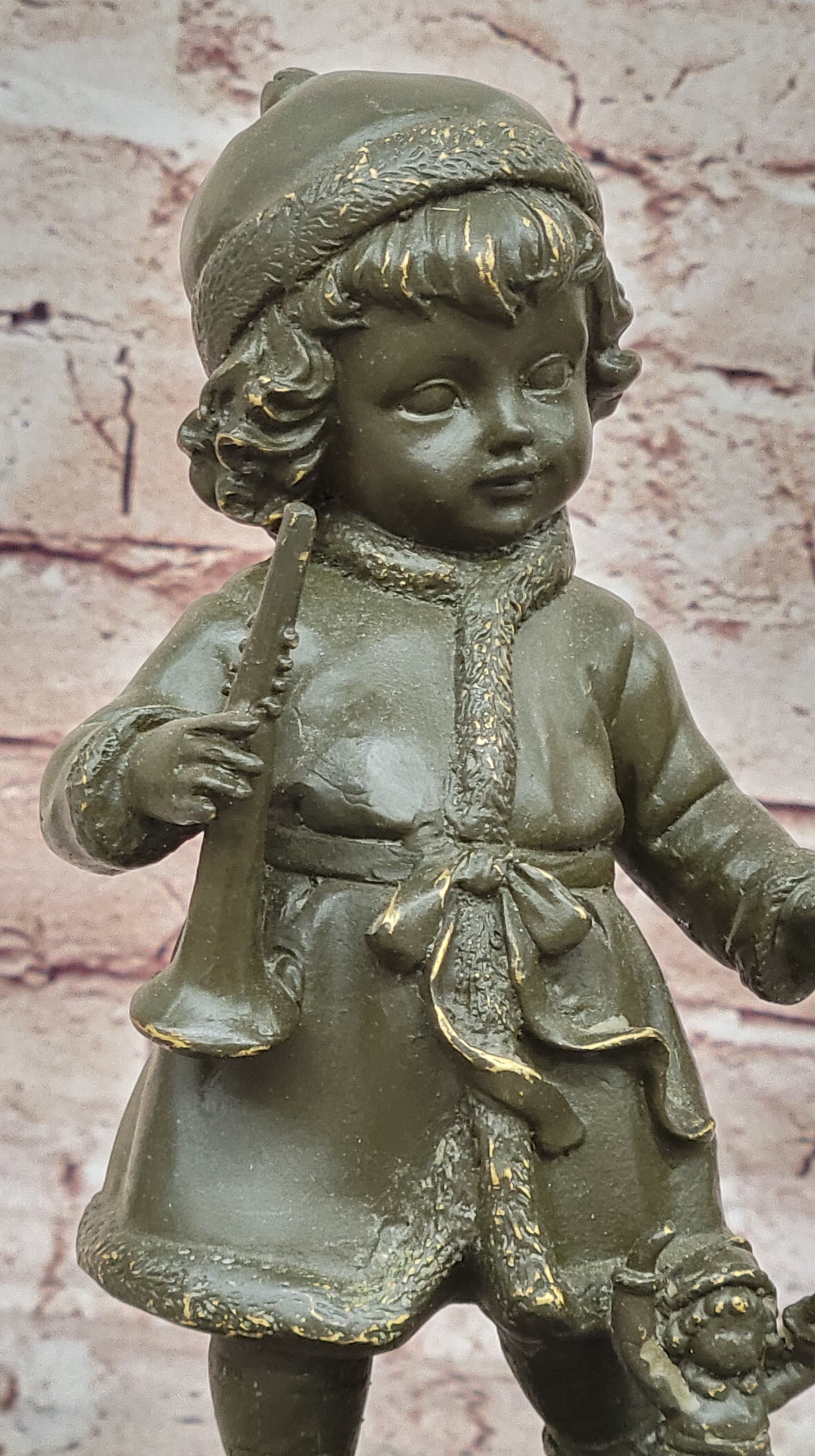 Horn Player Girl Bronze Sculpture Statue Winter Hat Figurine Home Decor
