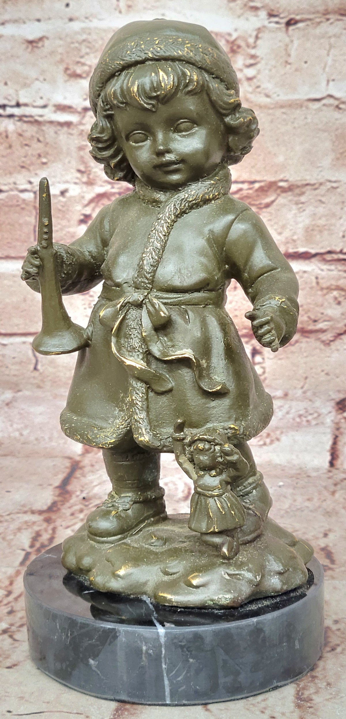 Horn Player Girl Bronze Sculpture Statue Winter Hat Figurine Home Decor