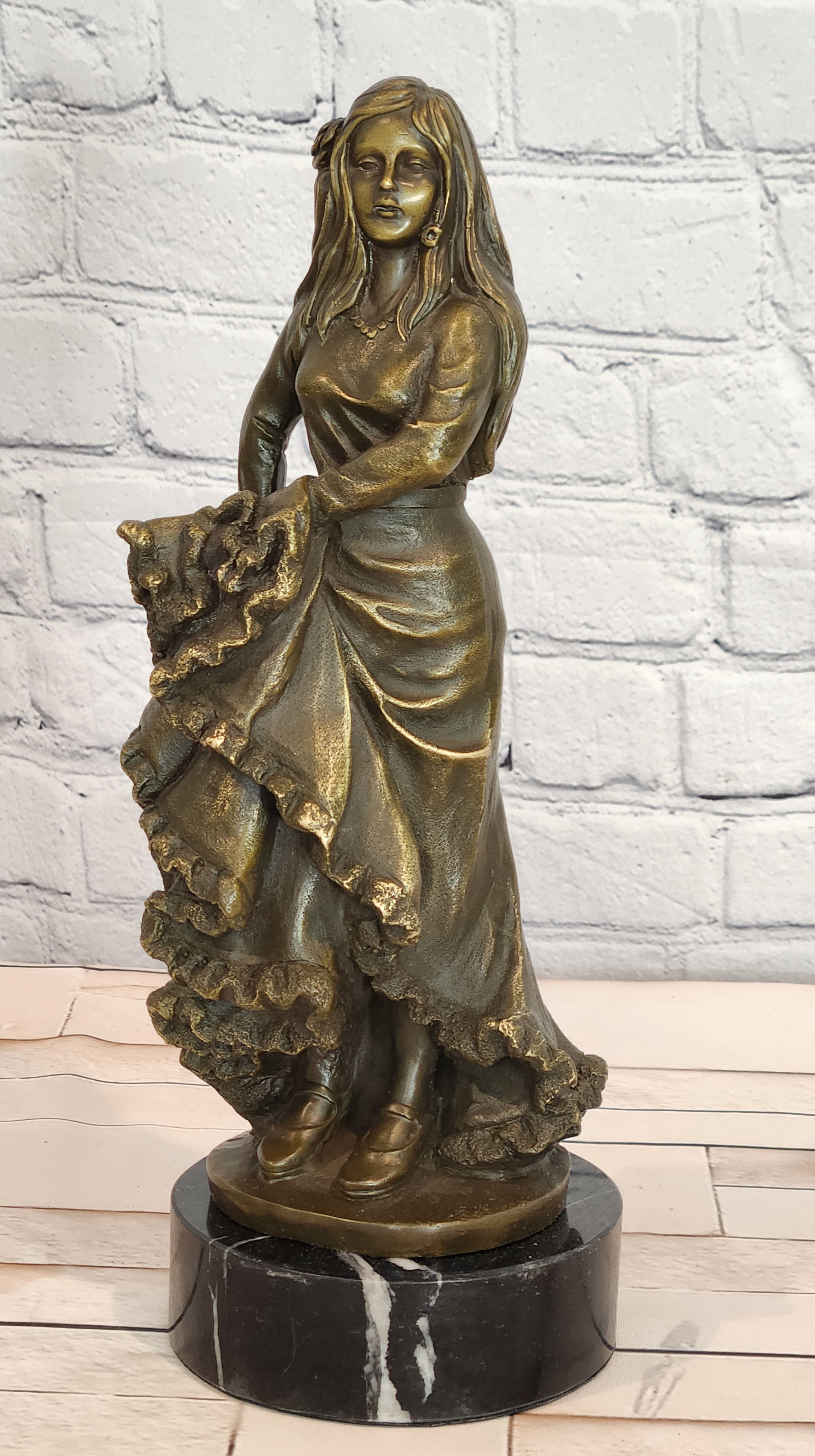 Signed Bronze Flamenco Performer Figurine Latin Woman Dance Statue Decor