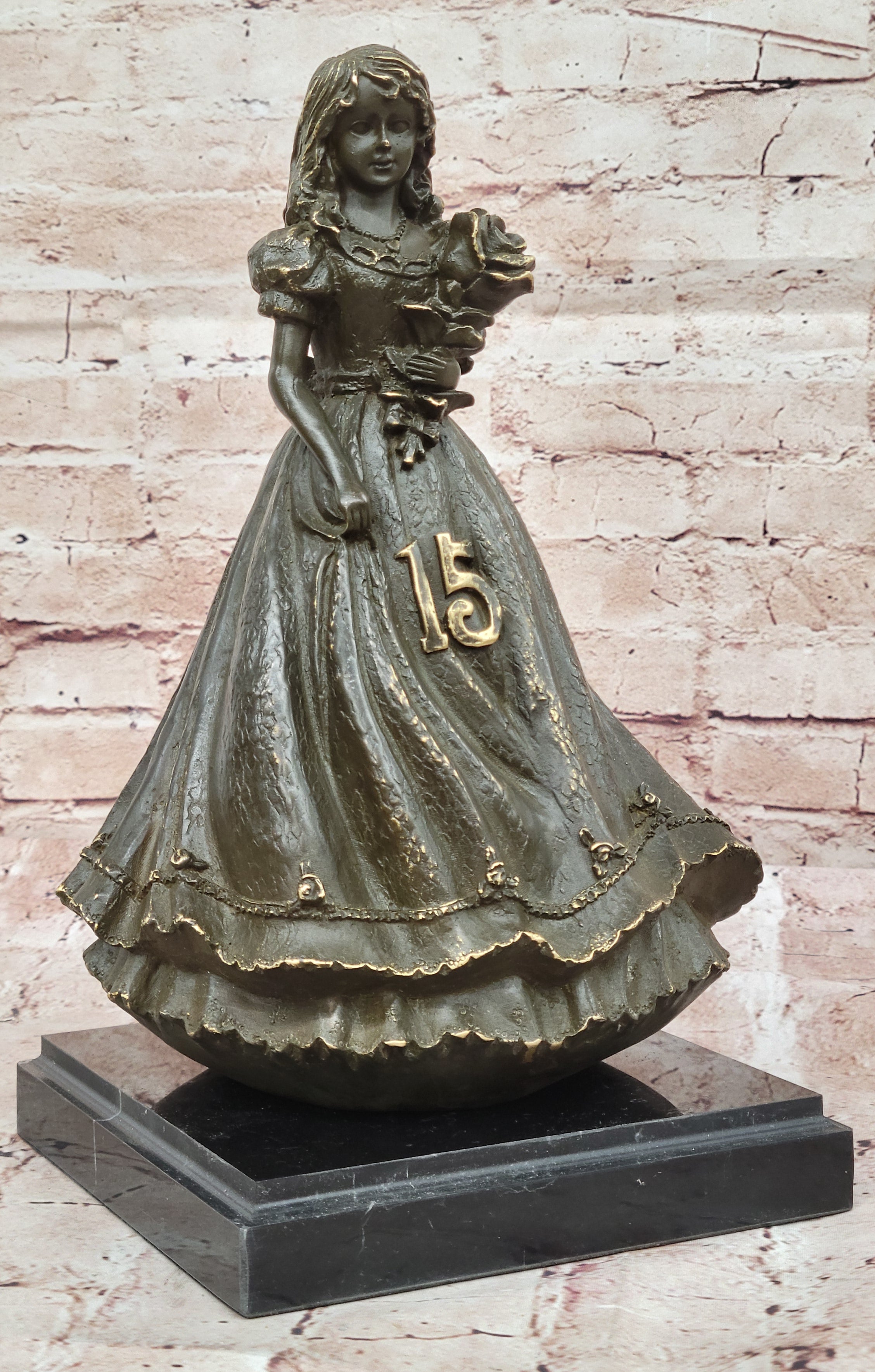 Signed Patoue Art Deco Girl Holding Flower – Bronze Sculpture Showpiece
