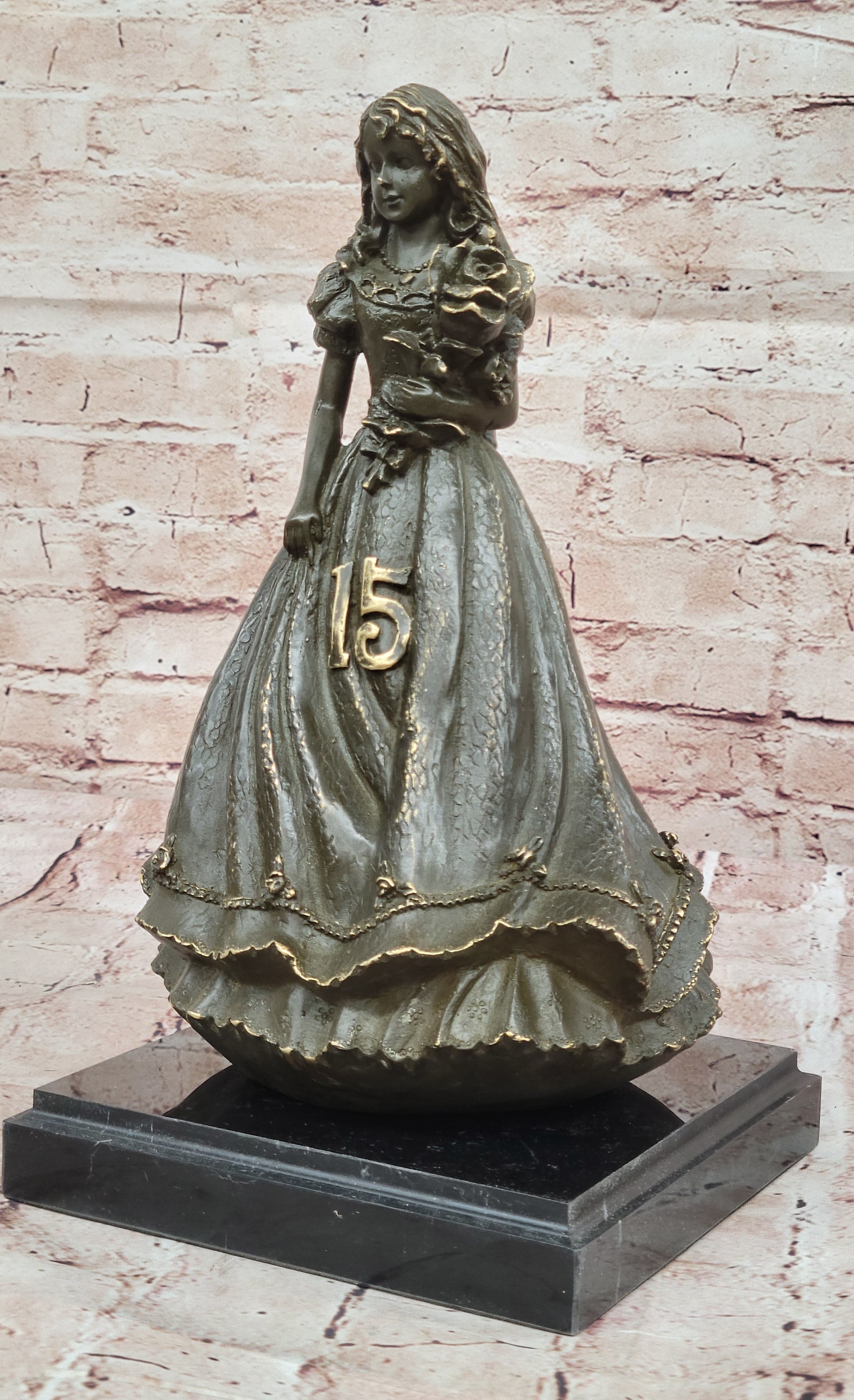 Signed Patoue Art Deco Girl Holding Flower – Bronze Sculpture Showpiece