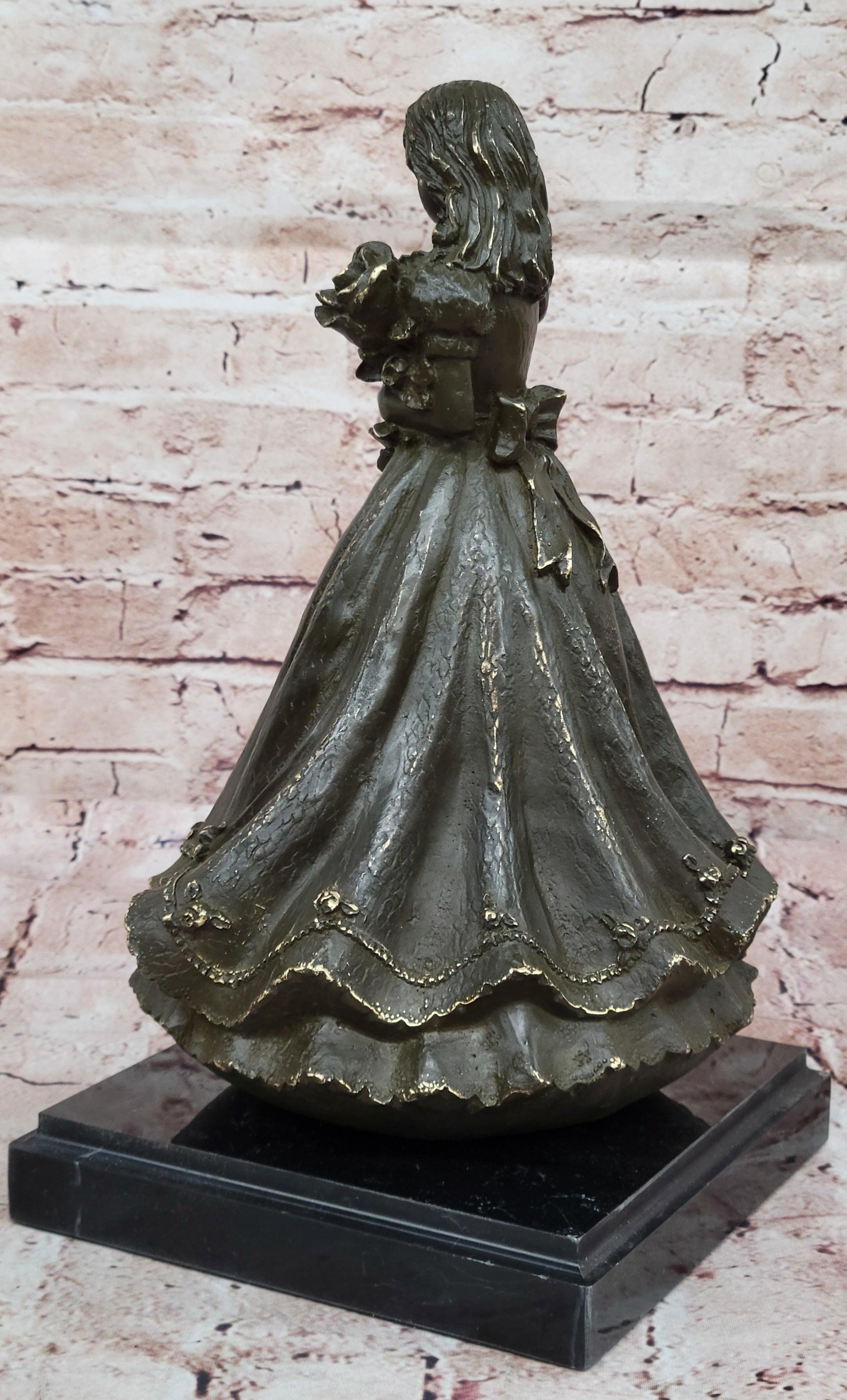 Signed Patoue Art Deco Girl Holding Flower – Bronze Sculpture Showpiece