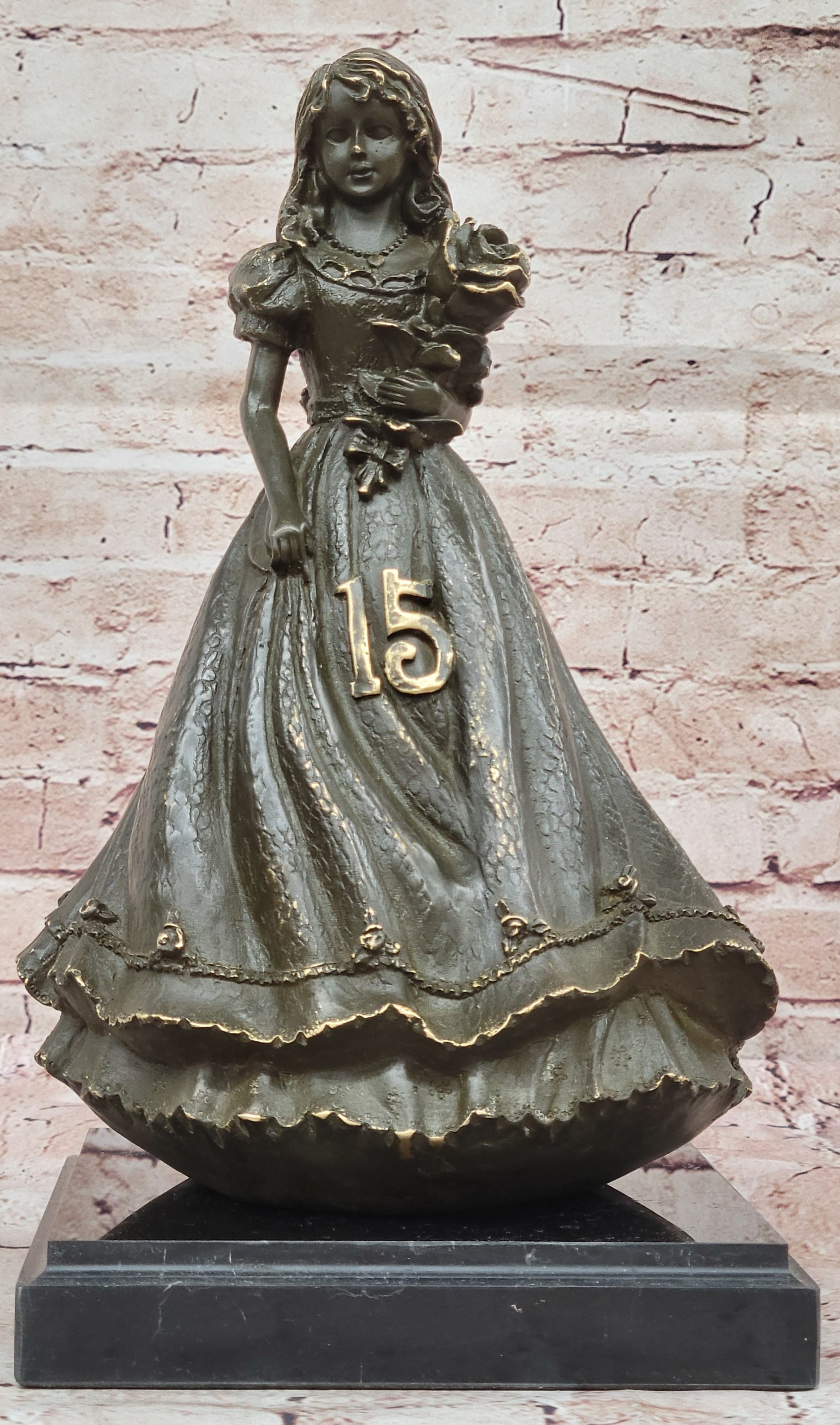 Signed Patoue Art Deco Girl Holding Flower – Bronze Sculpture Showpiece