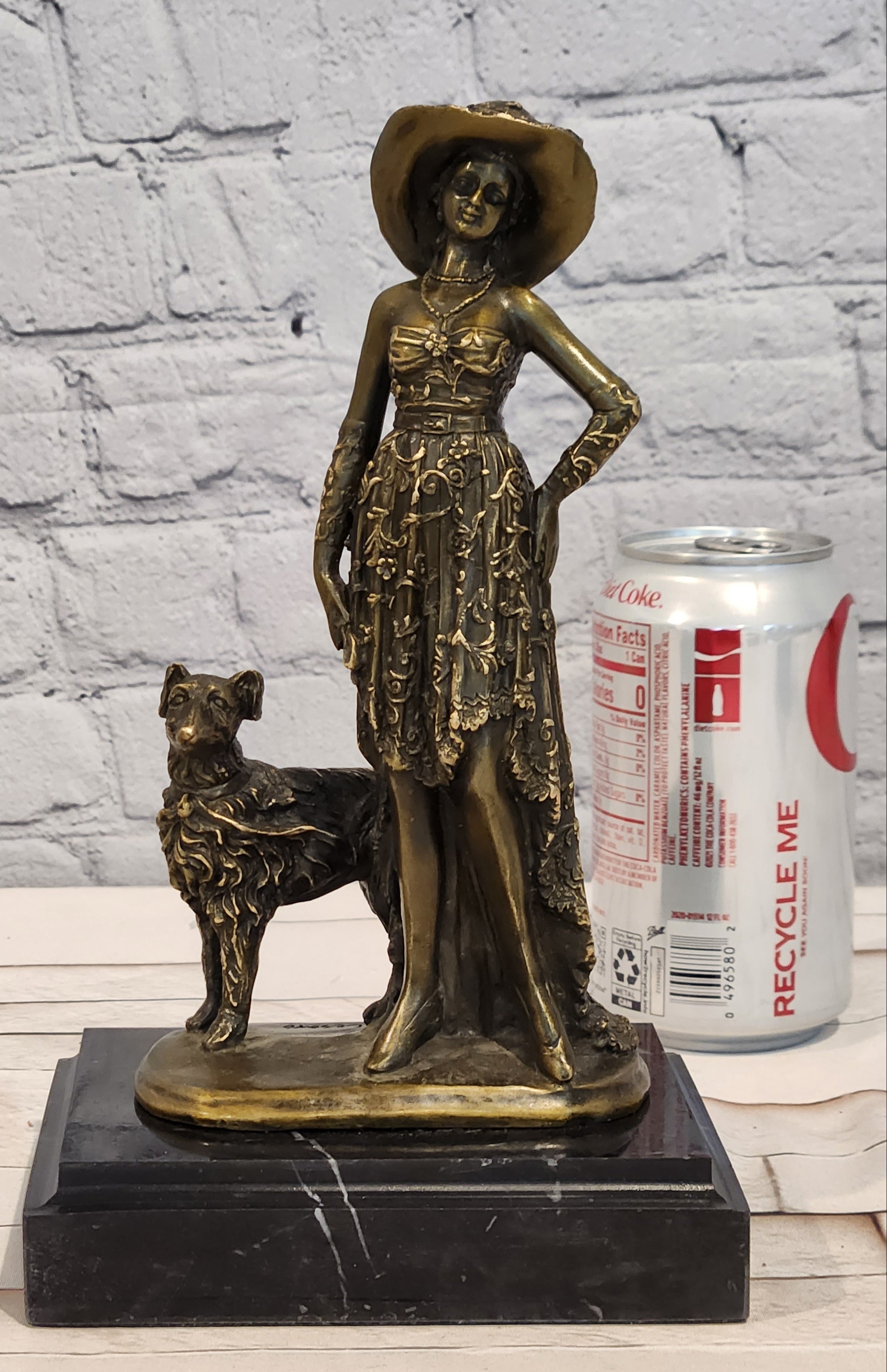 Art Deco Bronze Female with Dog Sculpture Signed Casaro Home Decor Statue