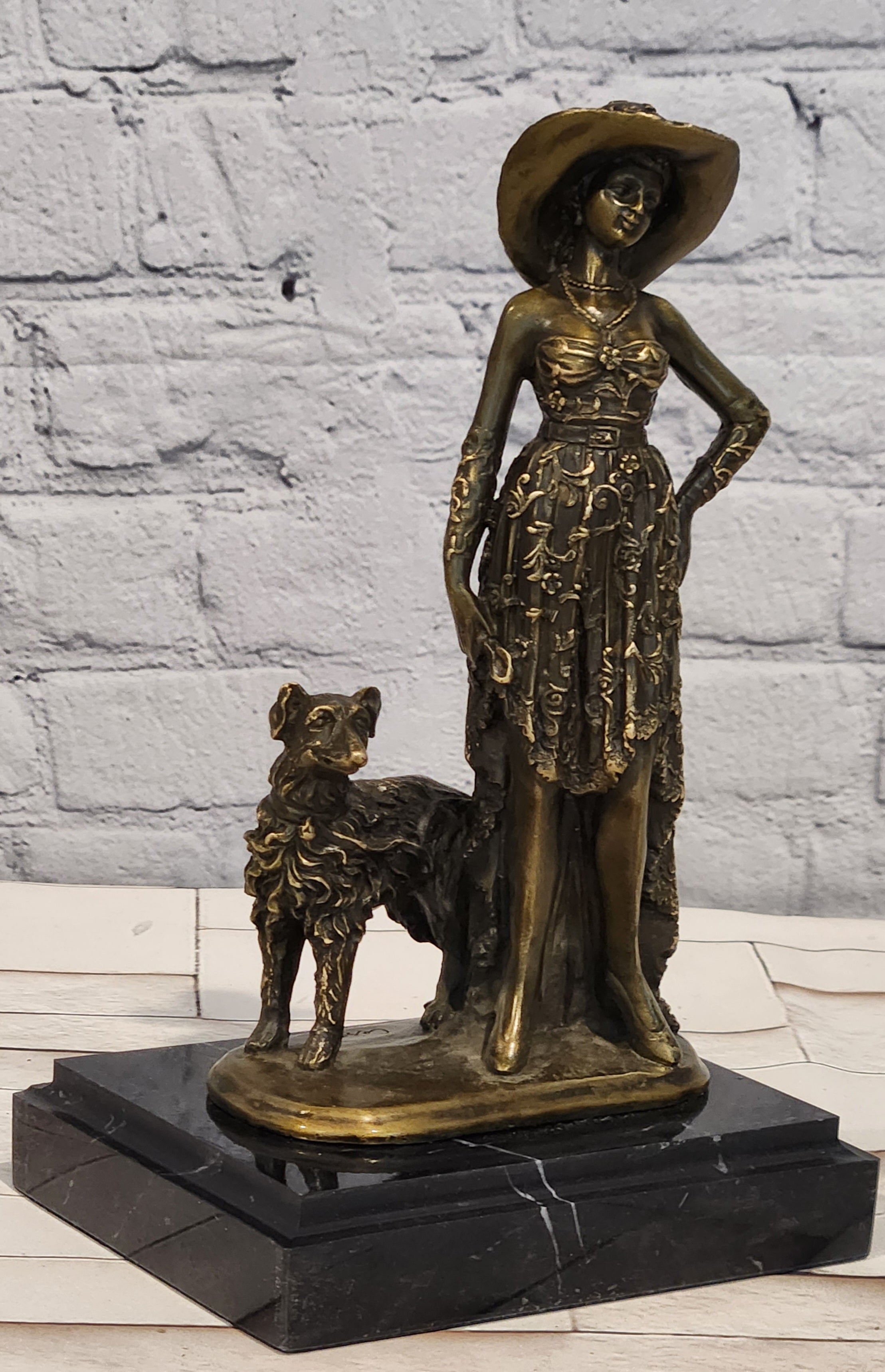 Art Deco Bronze Female with Dog Sculpture Signed Casaro Home Decor Statue